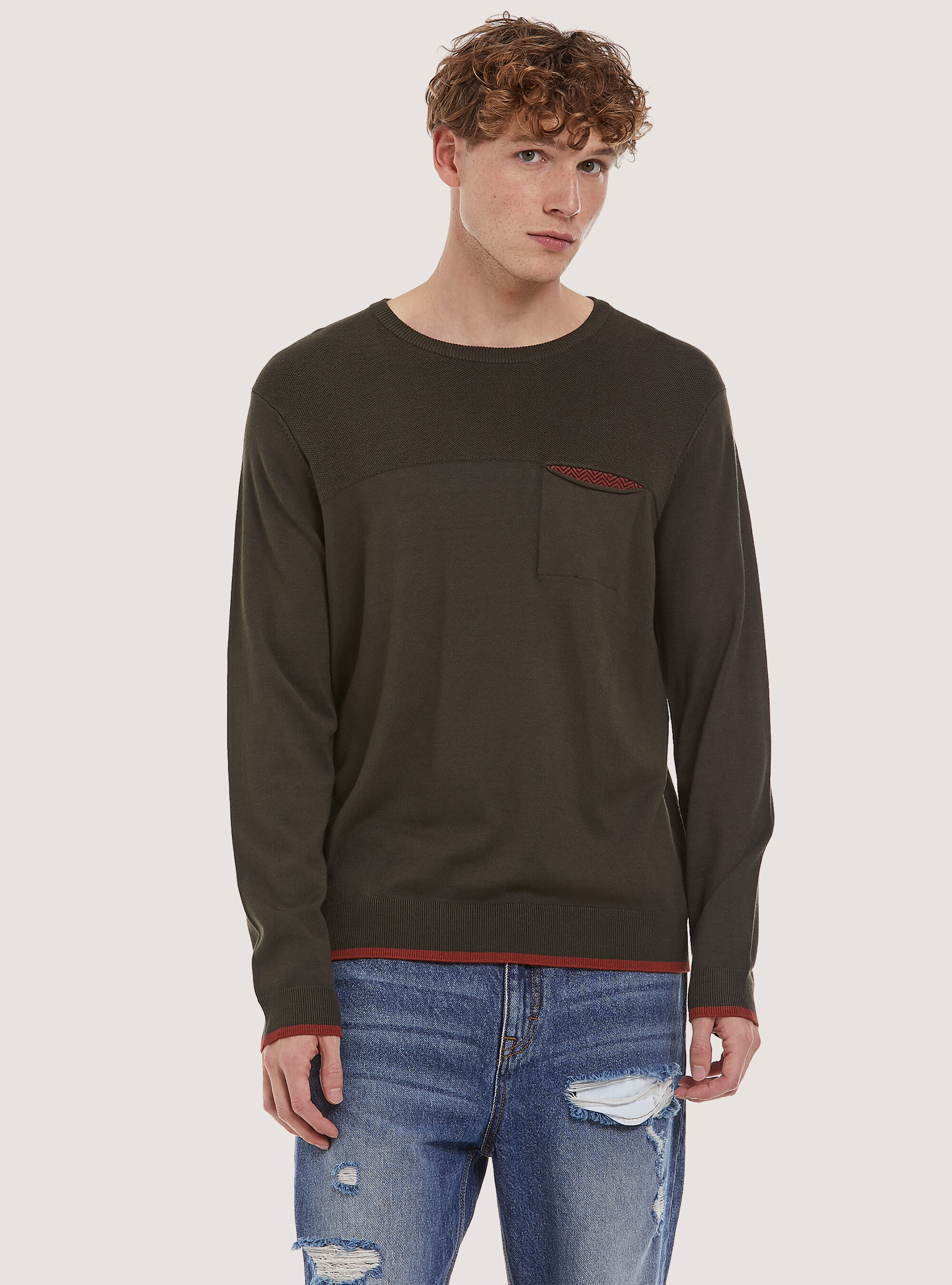 Pullover fine con taschino in morbida viscosa, KY1 KAKY DARK