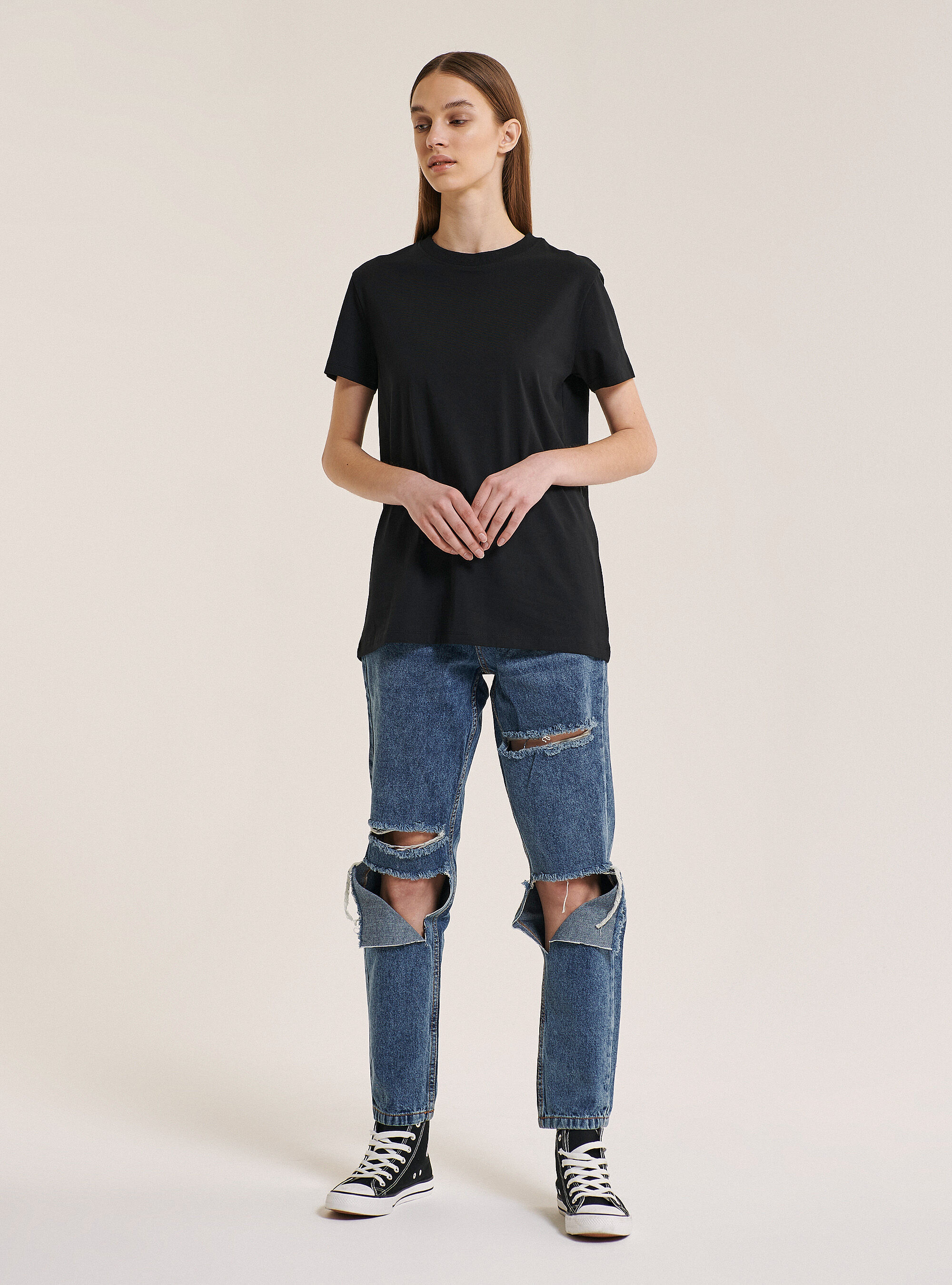 Basic round-neck cotton T-shirt, BLACK