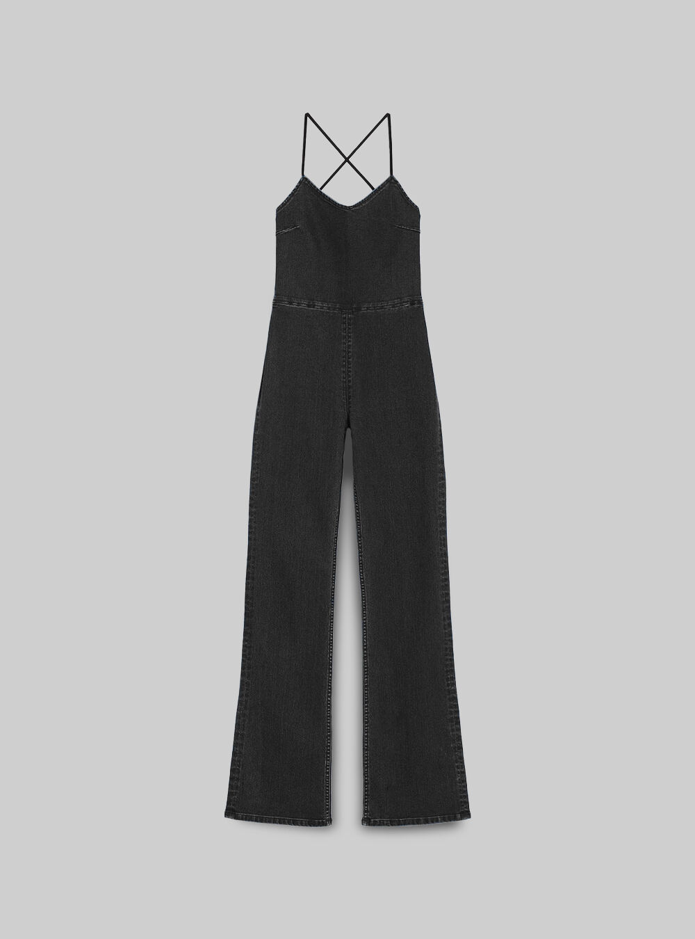 Stretch denim long one piece jumpsuit