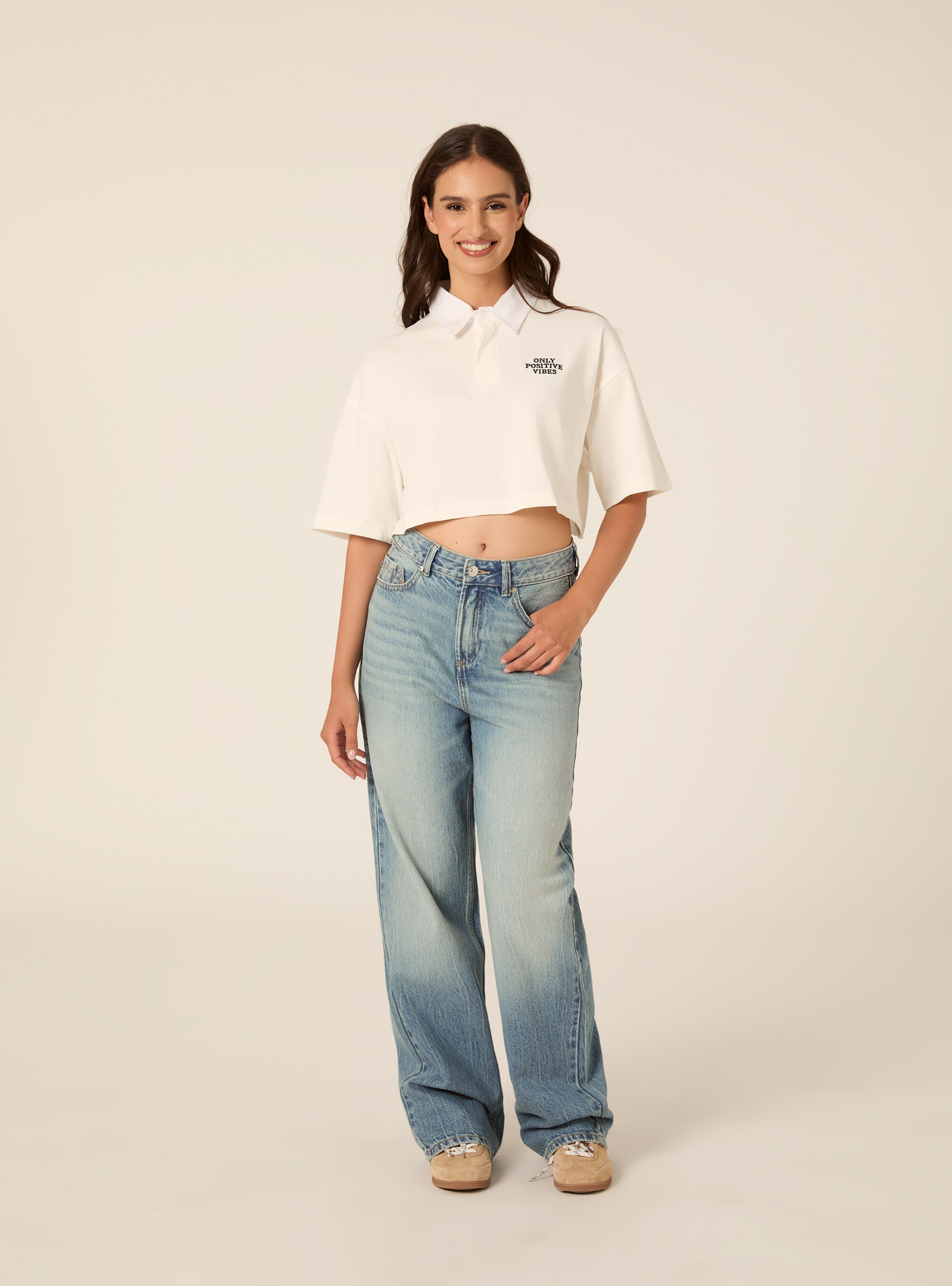Polo crop tinta unita con ricamo, WH1 OFF WHITE