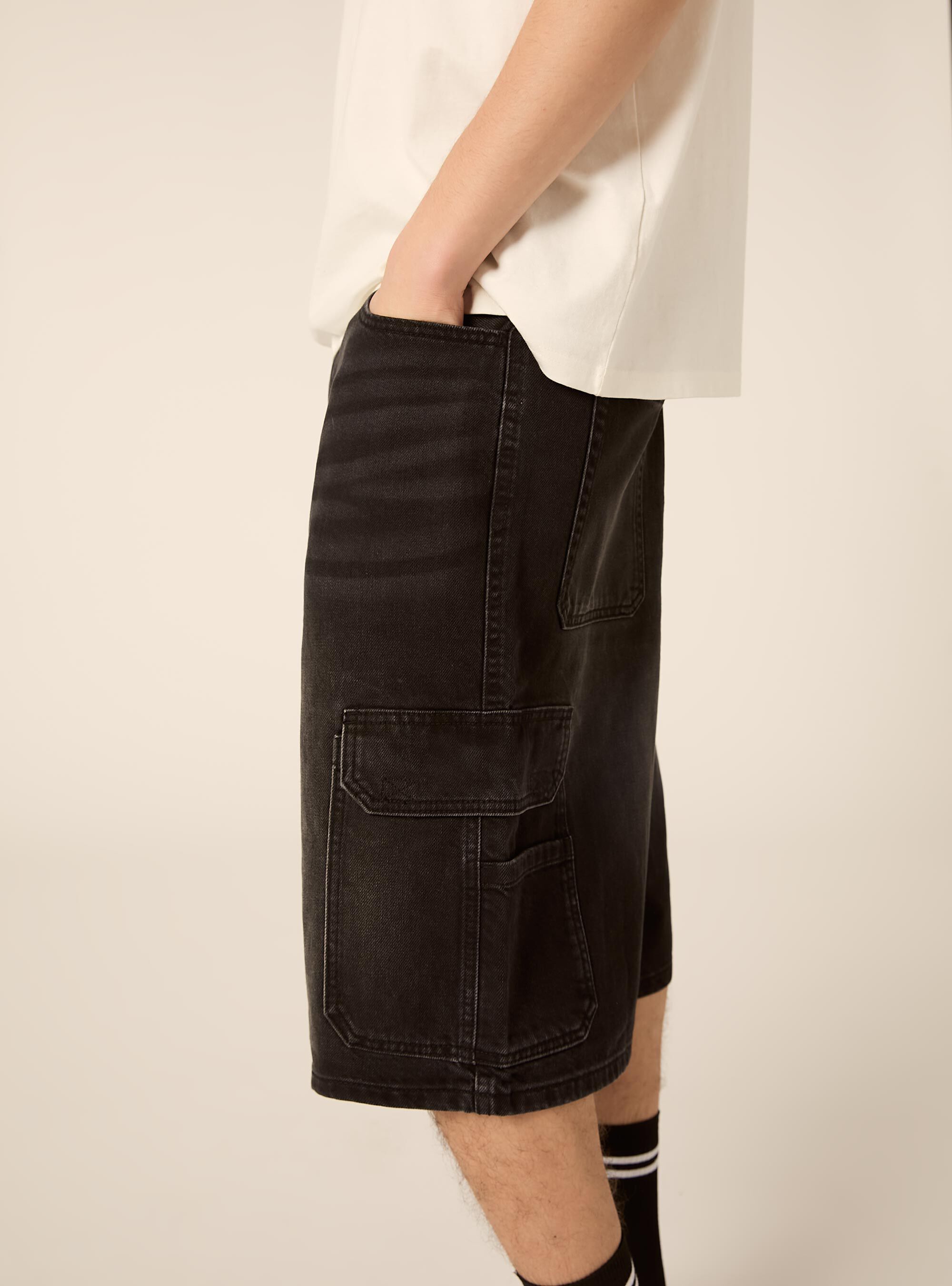 Bermuda baggy cargo indenim, D000 BLACK