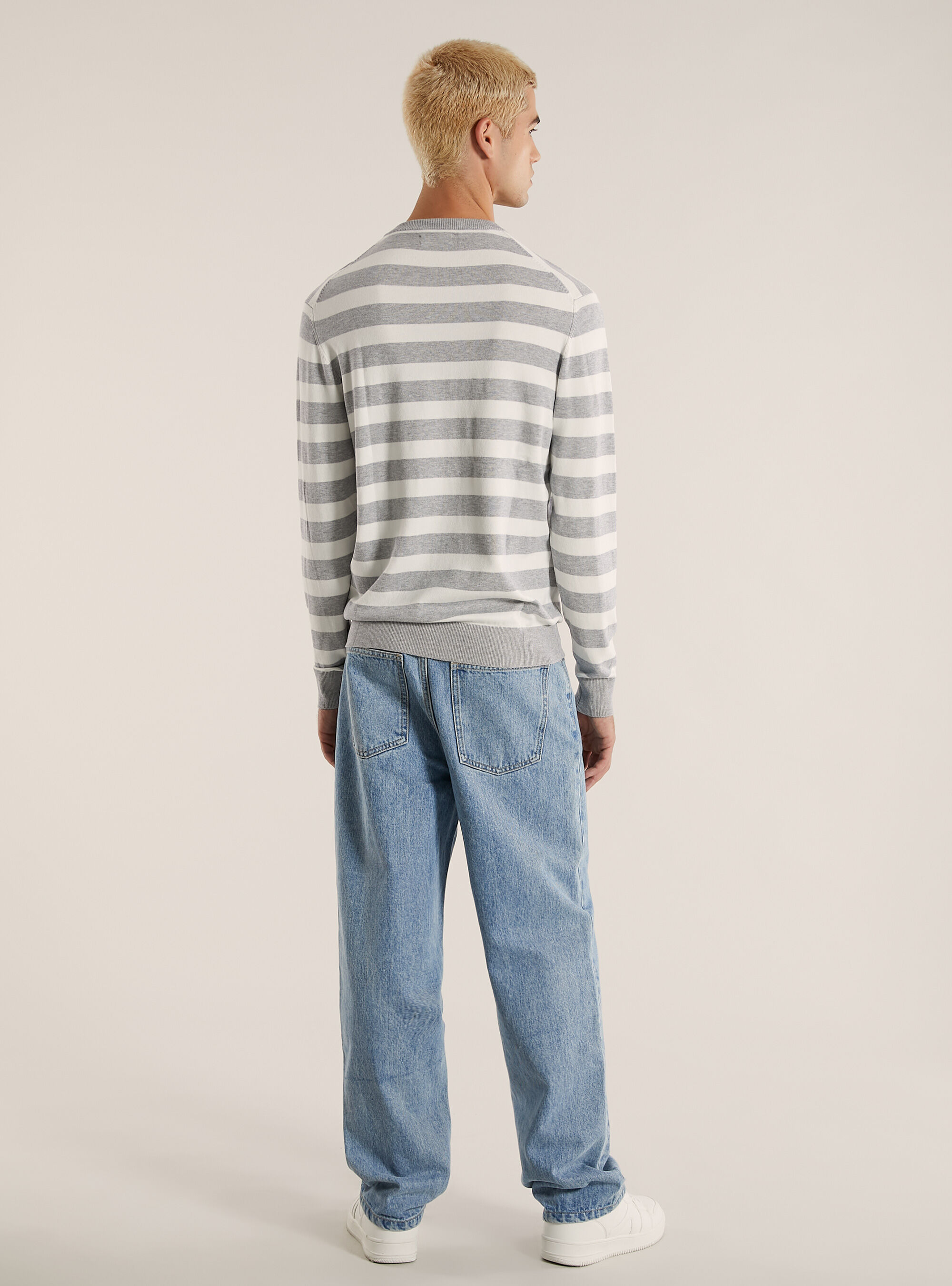 Jersey de viscosa a rayas de cuello redondo, MGY2 GREY MEL MEDIUM