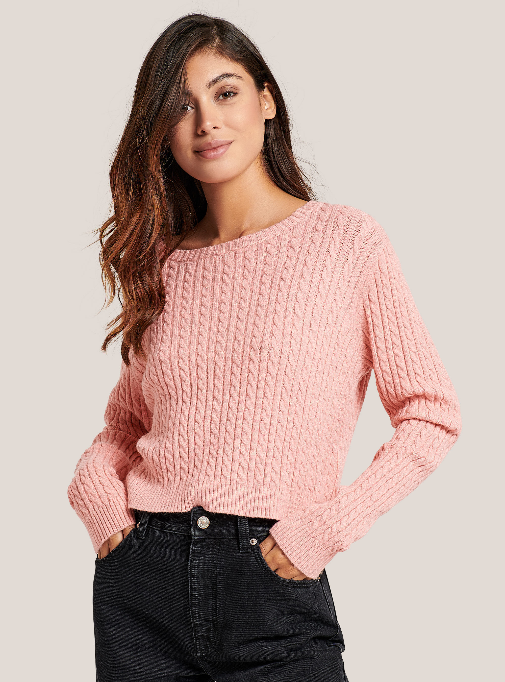 Pullover cropped con trecce soft touch, ROSA