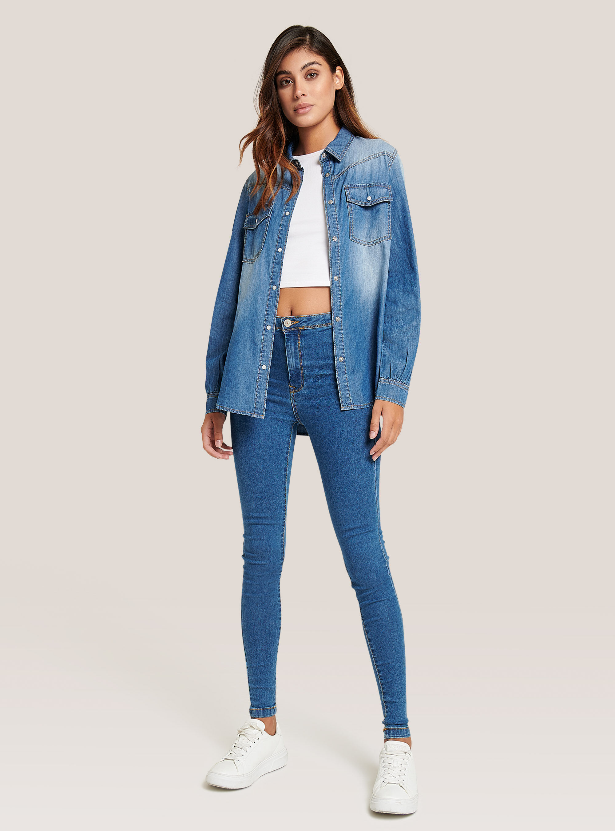 Camicia denim in cotone, BLU