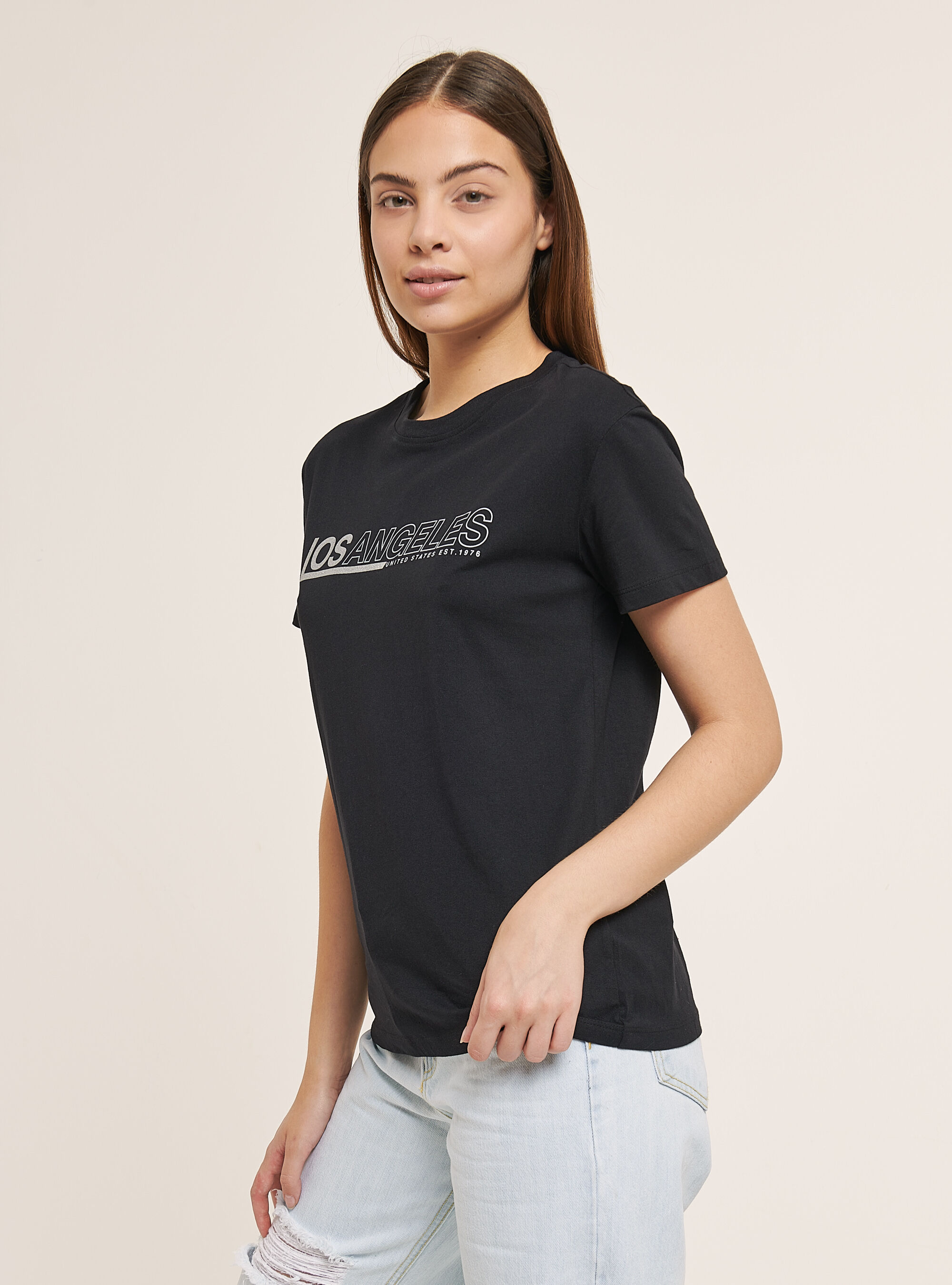 Cotton T-shirt with glitter print, BLACK