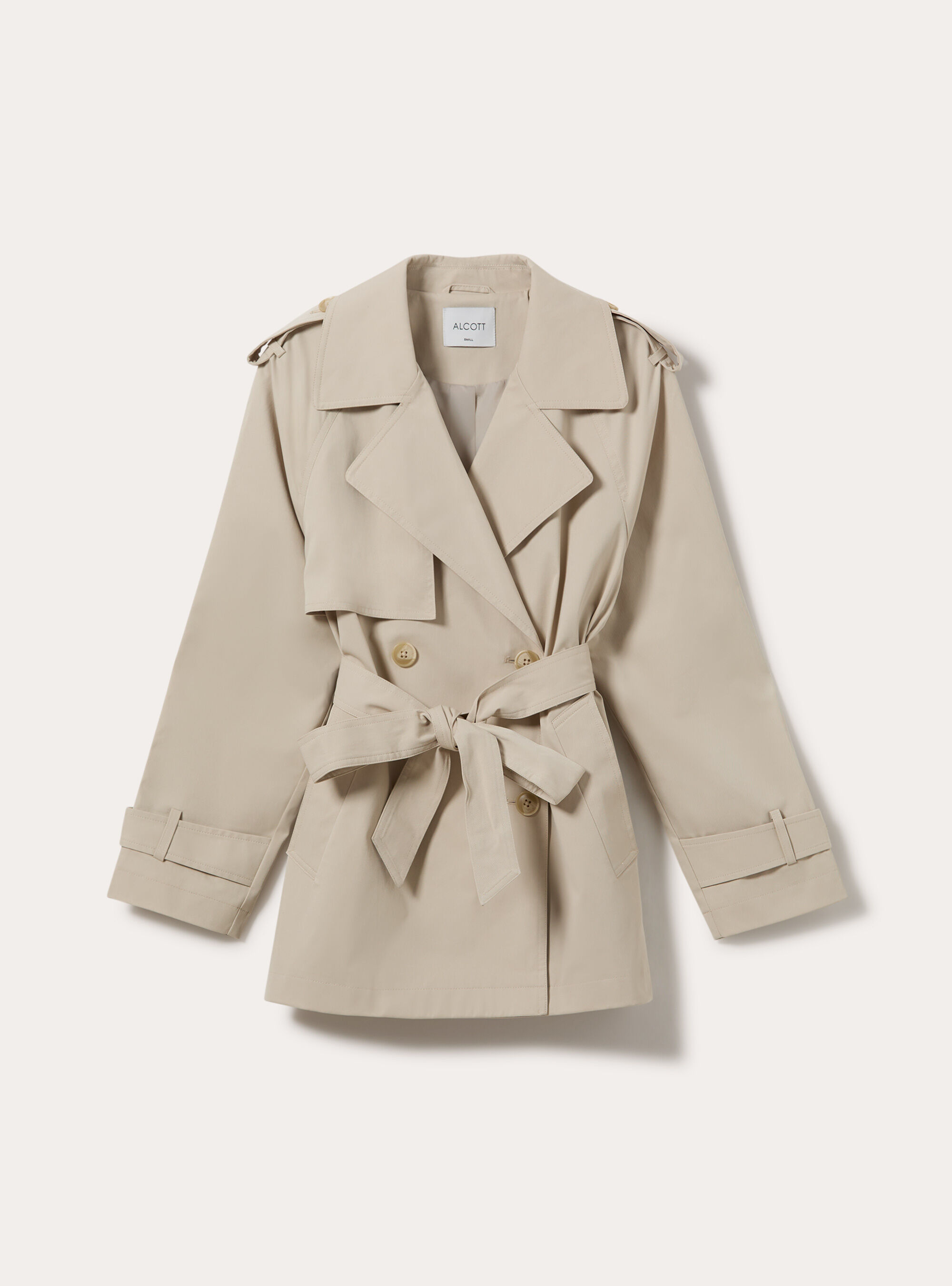 Short Double-Breasted Belted Trench Coat, CR2 CREAM MEDIUM