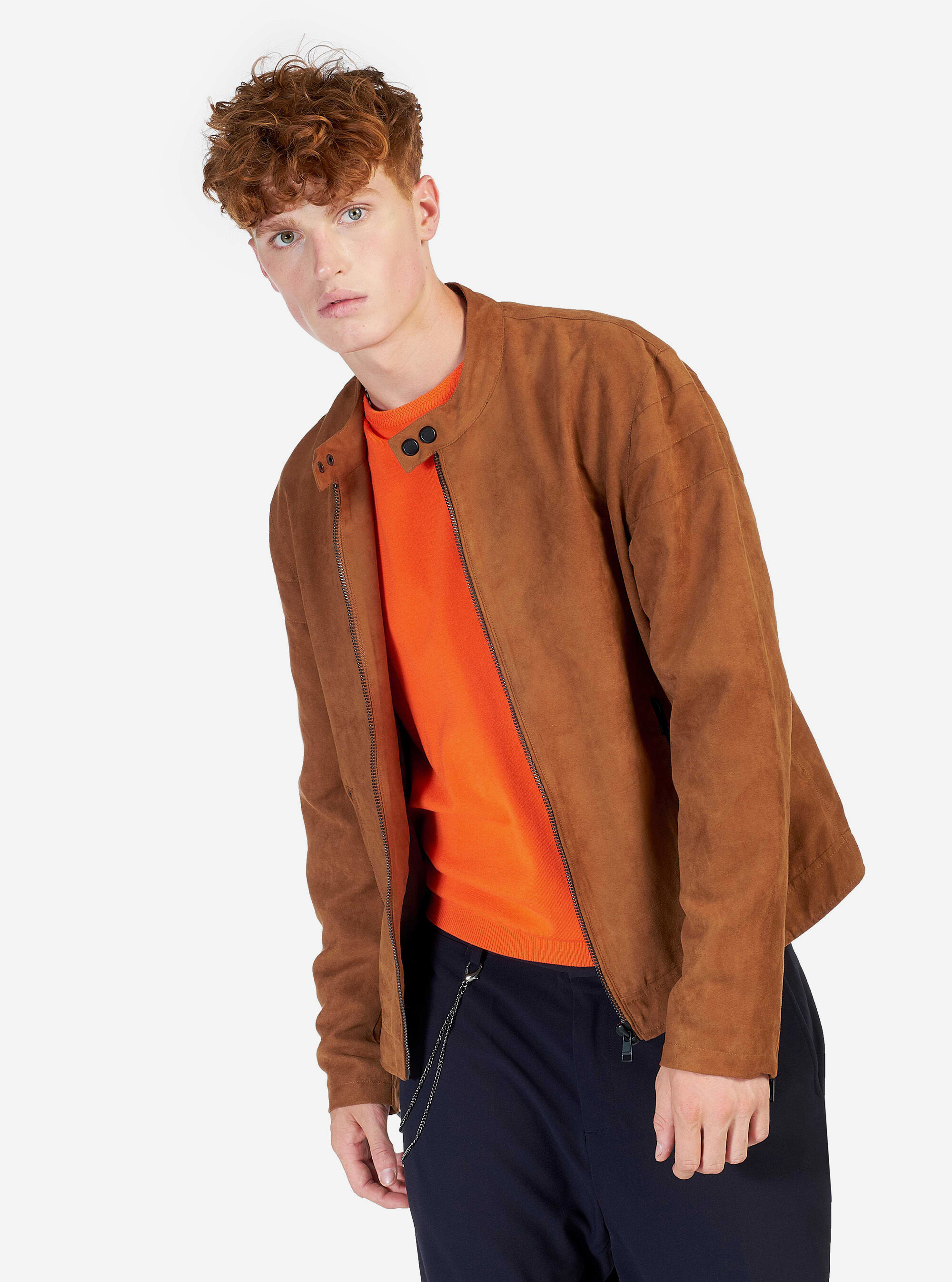 Veste nubuck &agrave; zip sur les manches, C550 TOBACCO