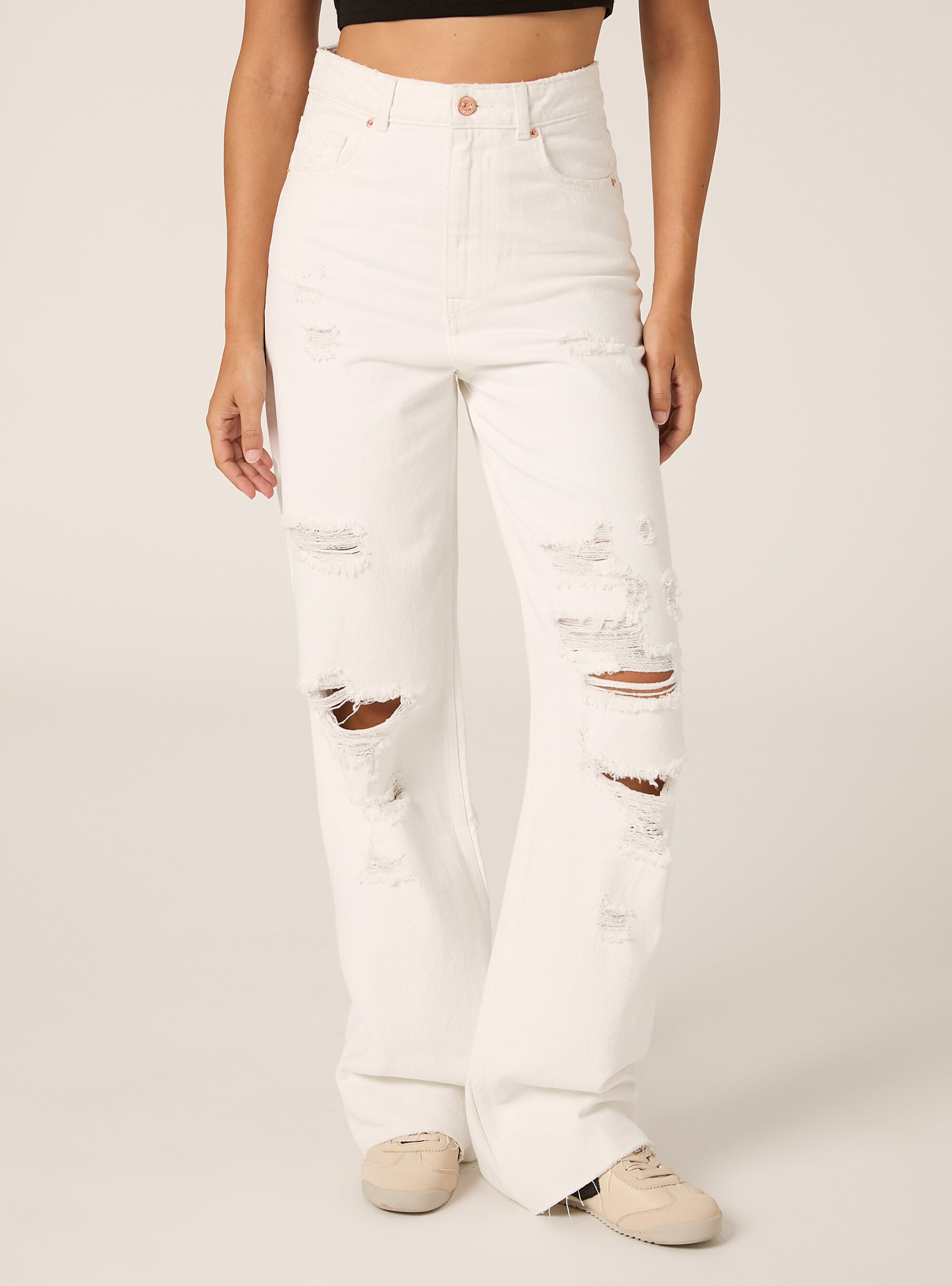 Jean taille haute &agrave; coupe droite, D099 WHITE