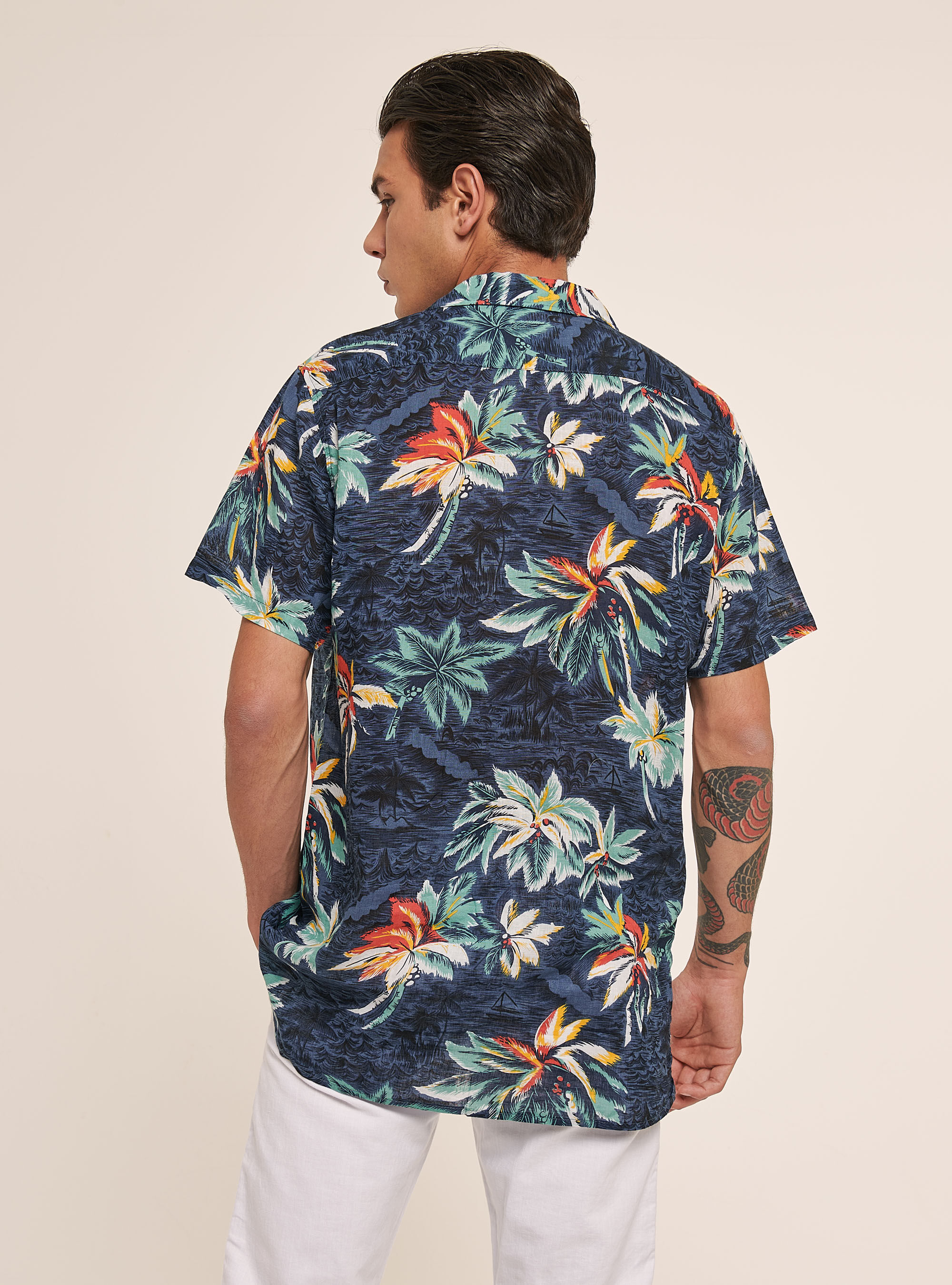 Hawaiian Print Linen Blend Shirt, BLUE NAVY