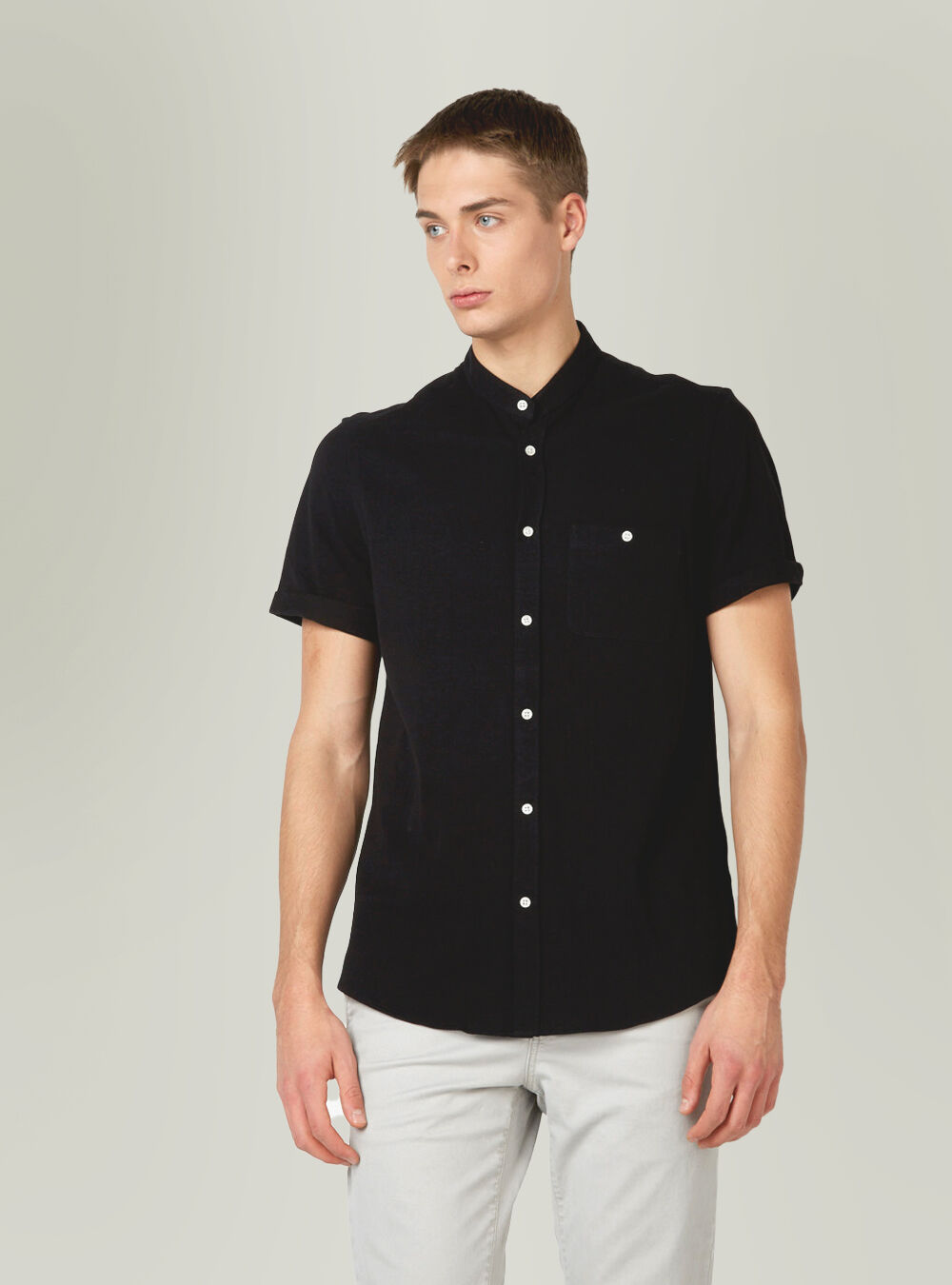 Camicia di piquet con collo coreano, BLACK