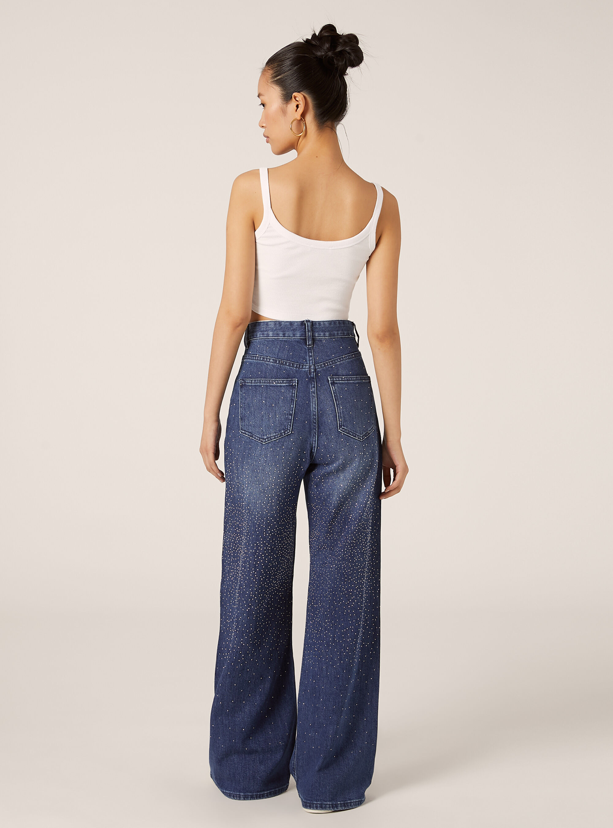 Jeans straight high rise con strass, D003 MEDIUM BLUE