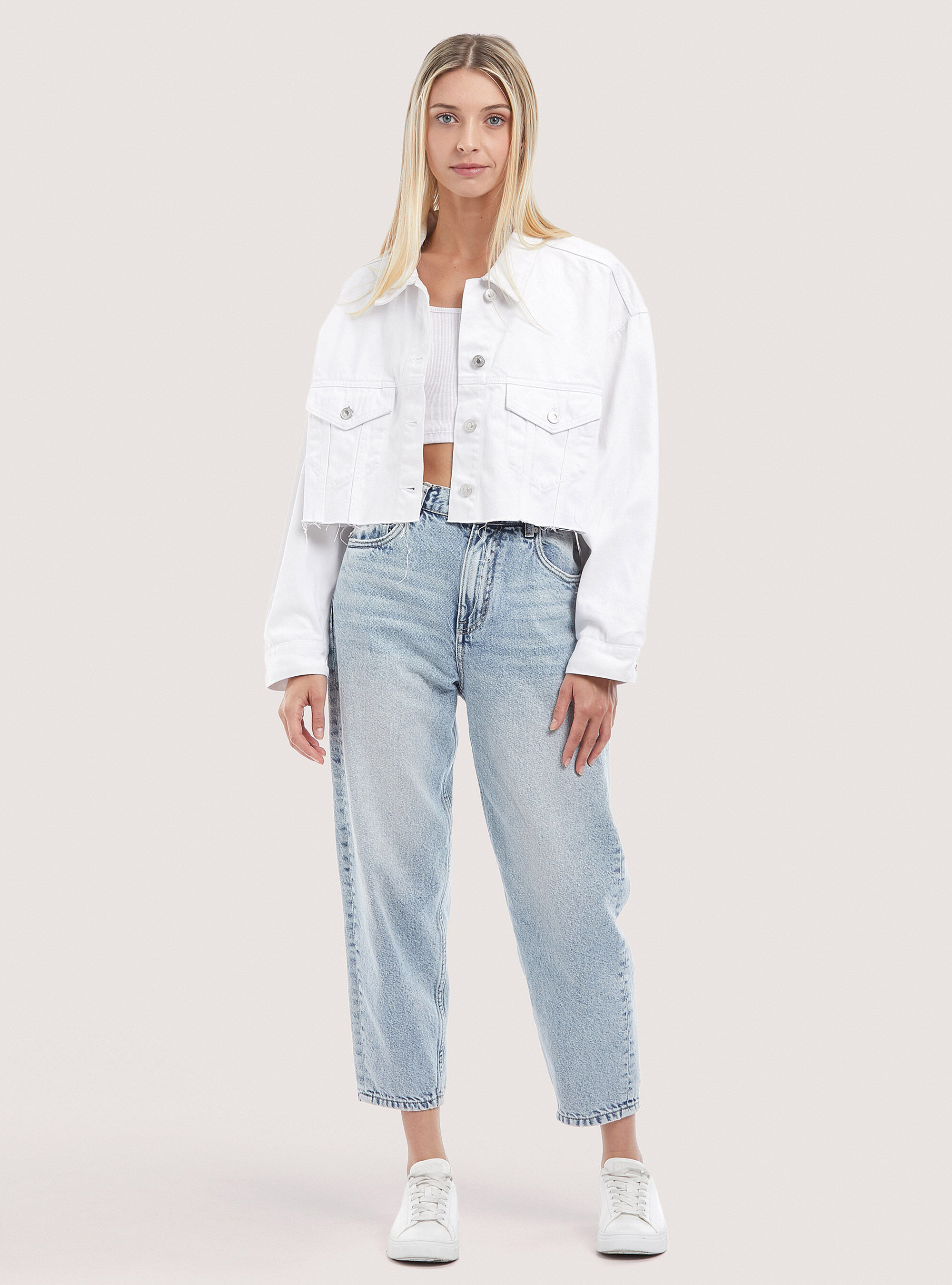 Raw cut denim cropped jacket, WHITE