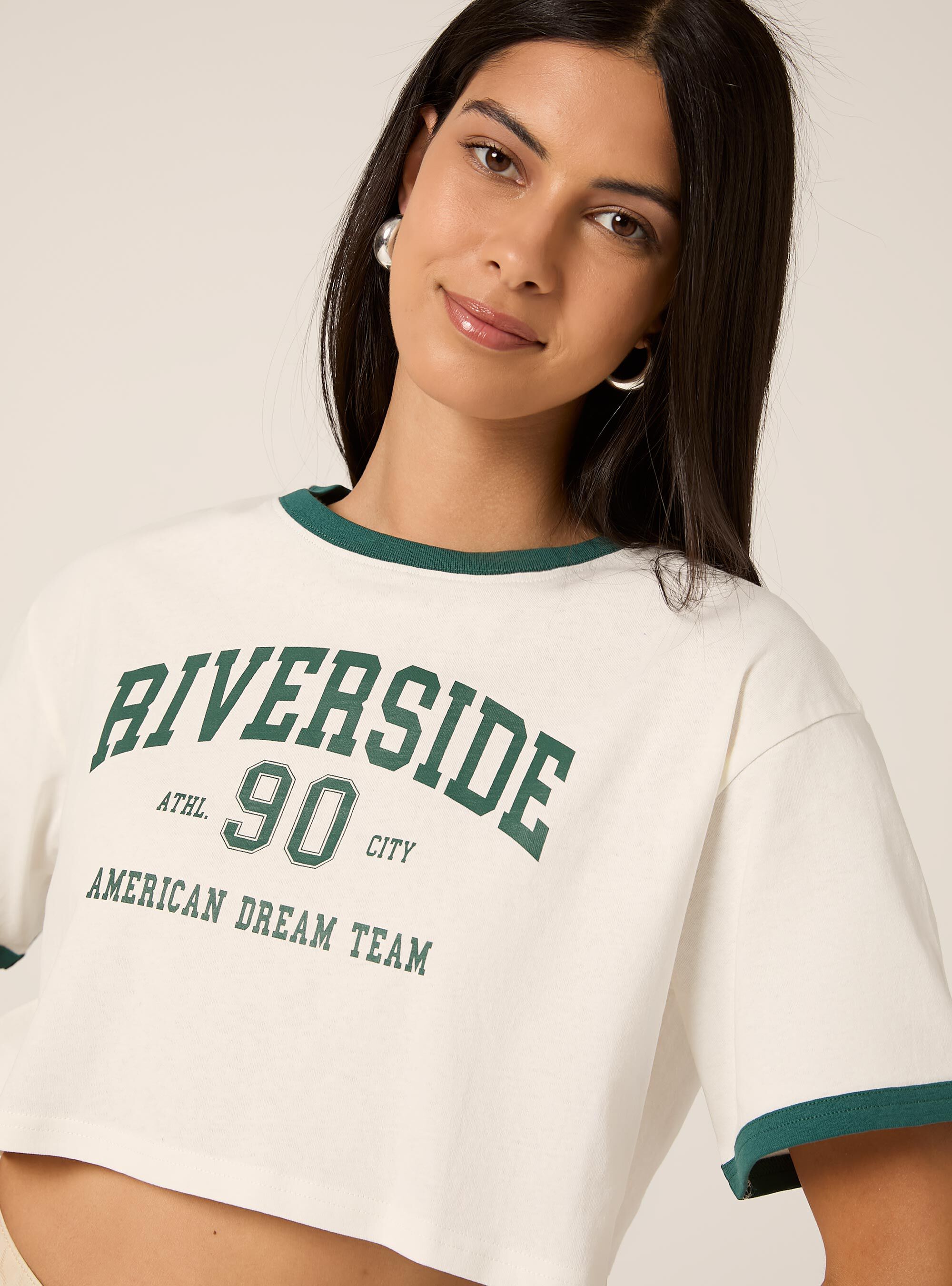 Cropped-T-Shirt mit College-Print, WH1 OFF WHITE