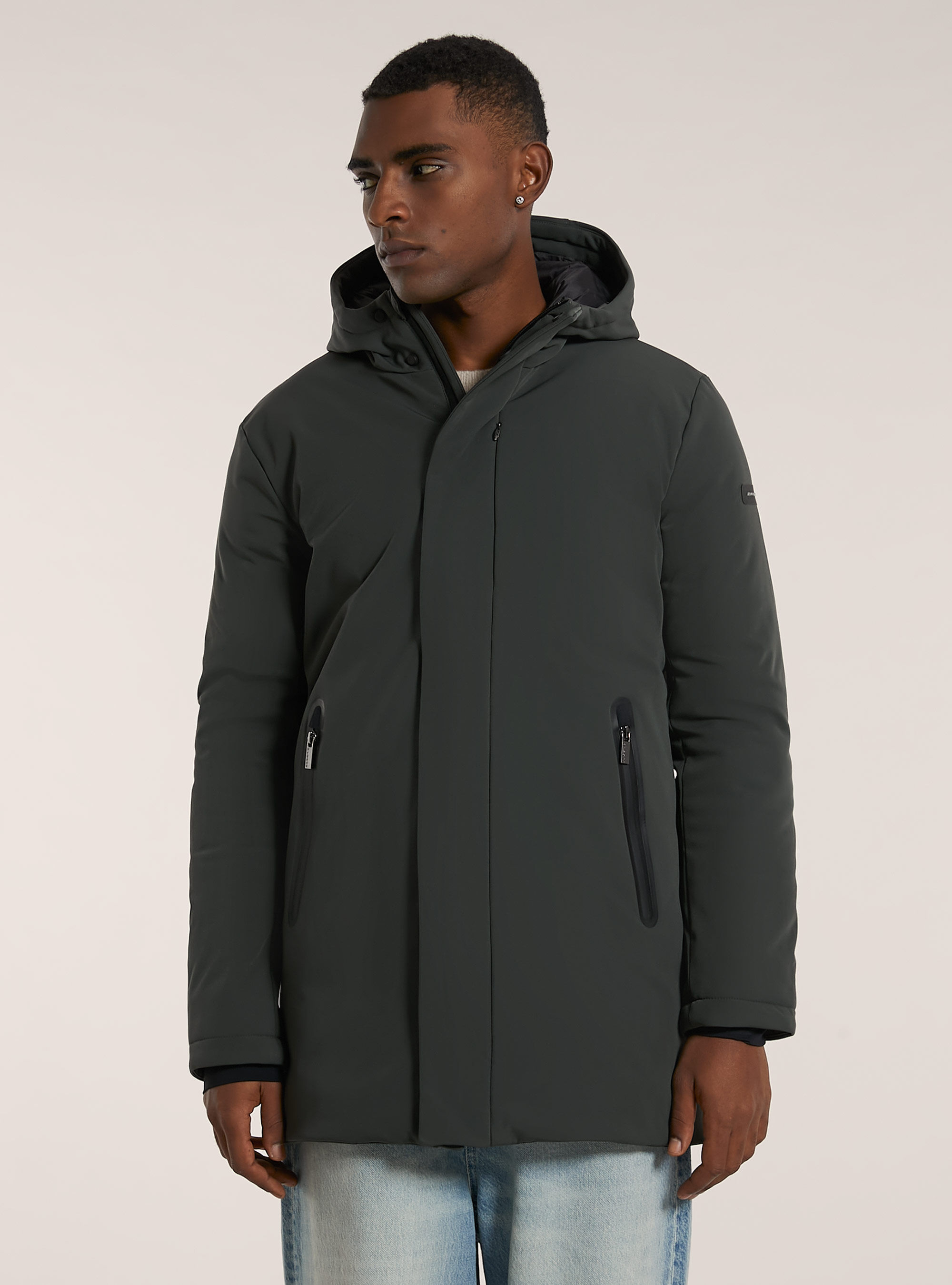 Long technical jacket with recycled padding