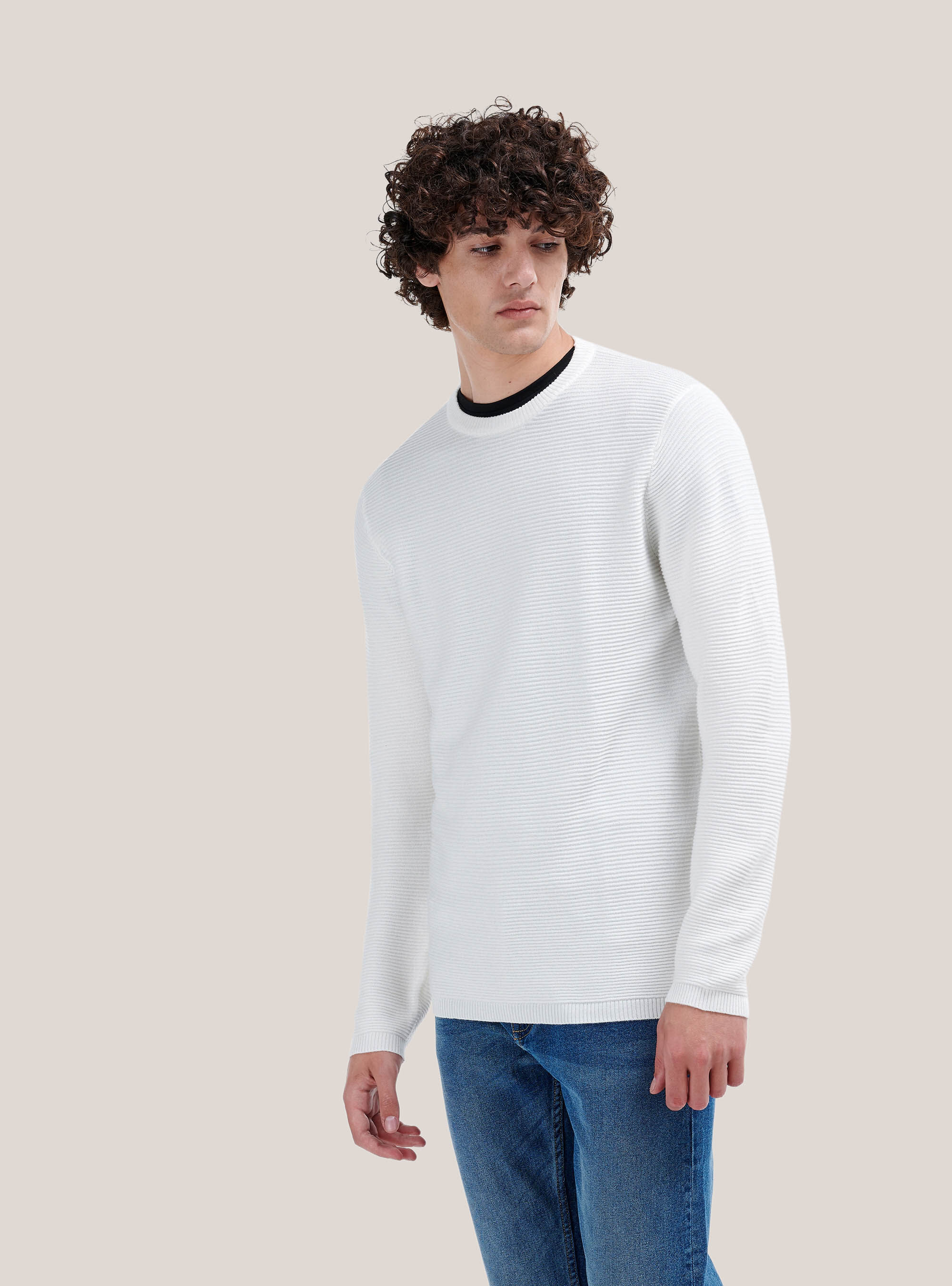 Structured knit crewneck pullover, WHITE