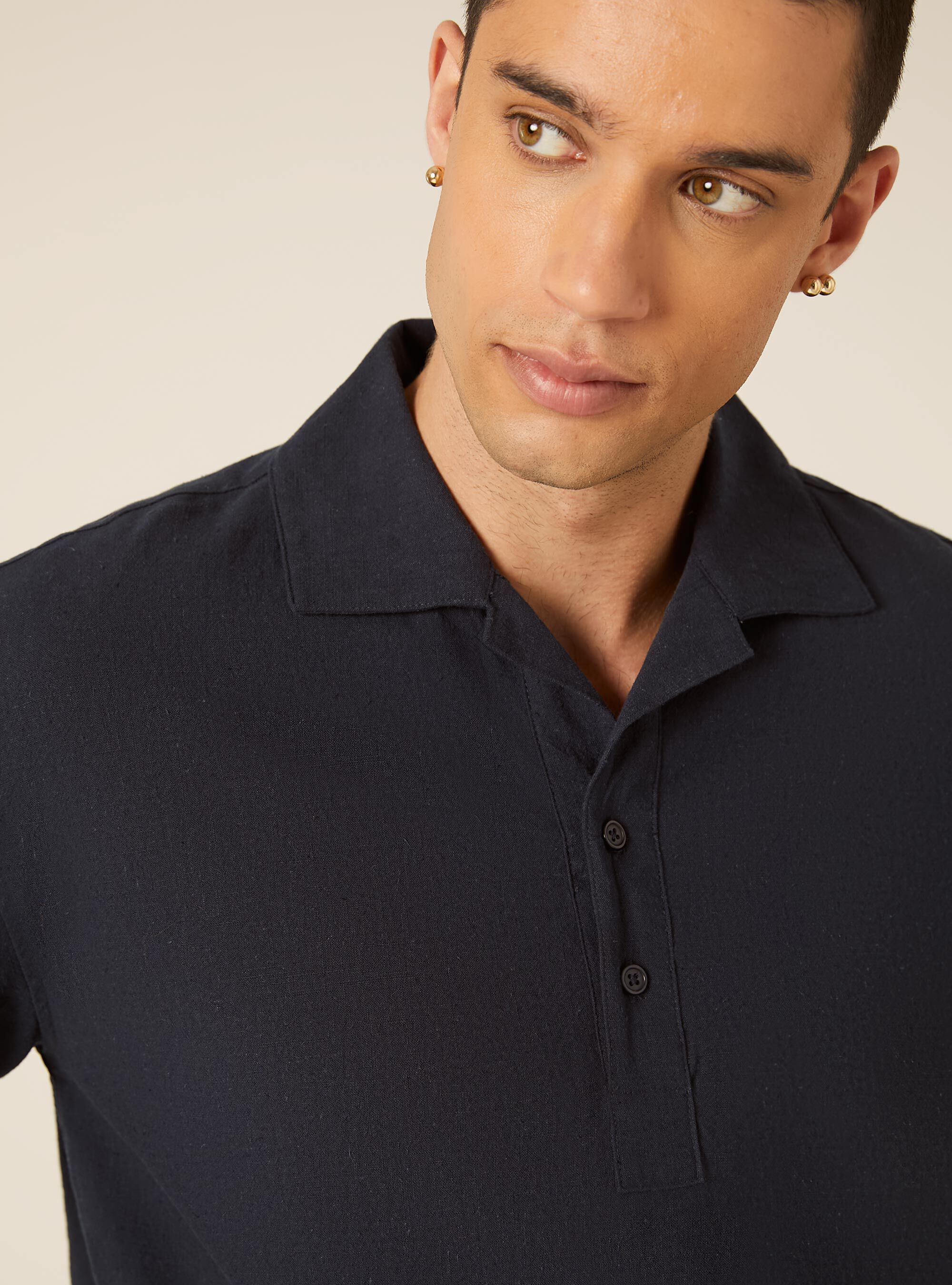 Polo Camisero de Mezcla de Lino, NA2 NAVY MEDIUM