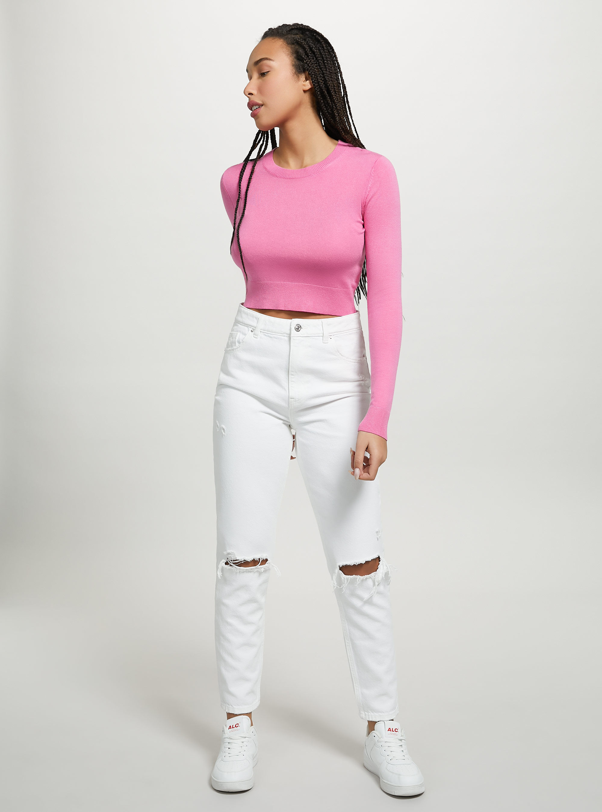 Cropped crew-neck pullover, FX3 FUXIA LIGHT