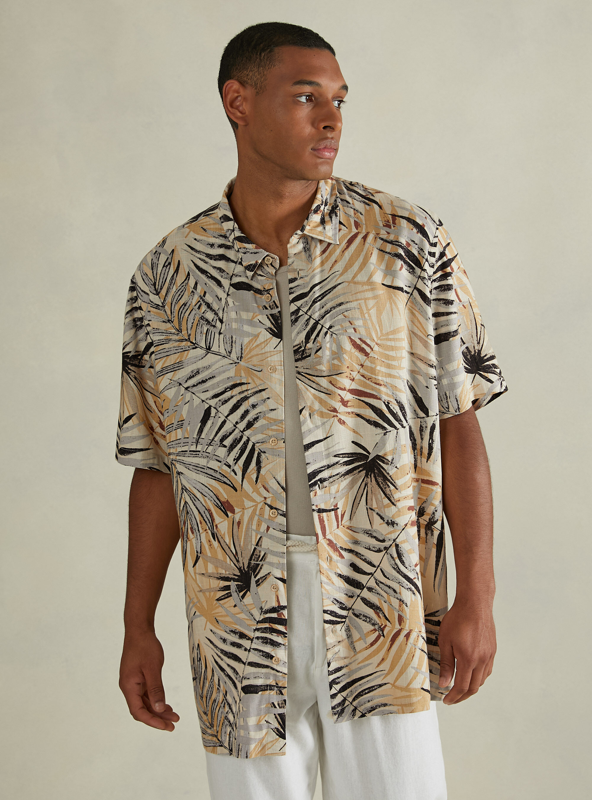 Linen blend shirt with tropical print, BG2 BEIGE MEDIUM