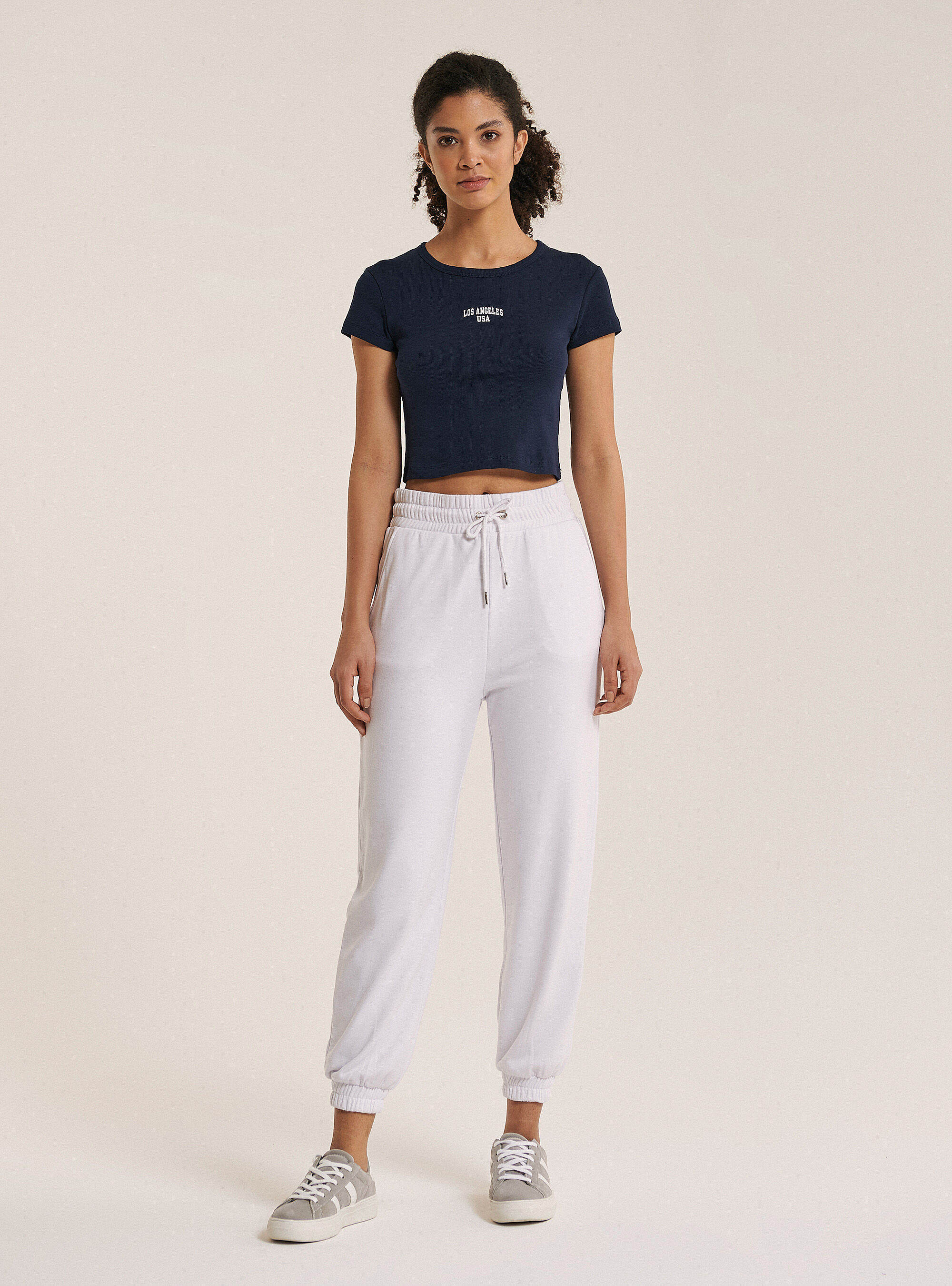 Crop top with front lettering print in cotton, BLUE