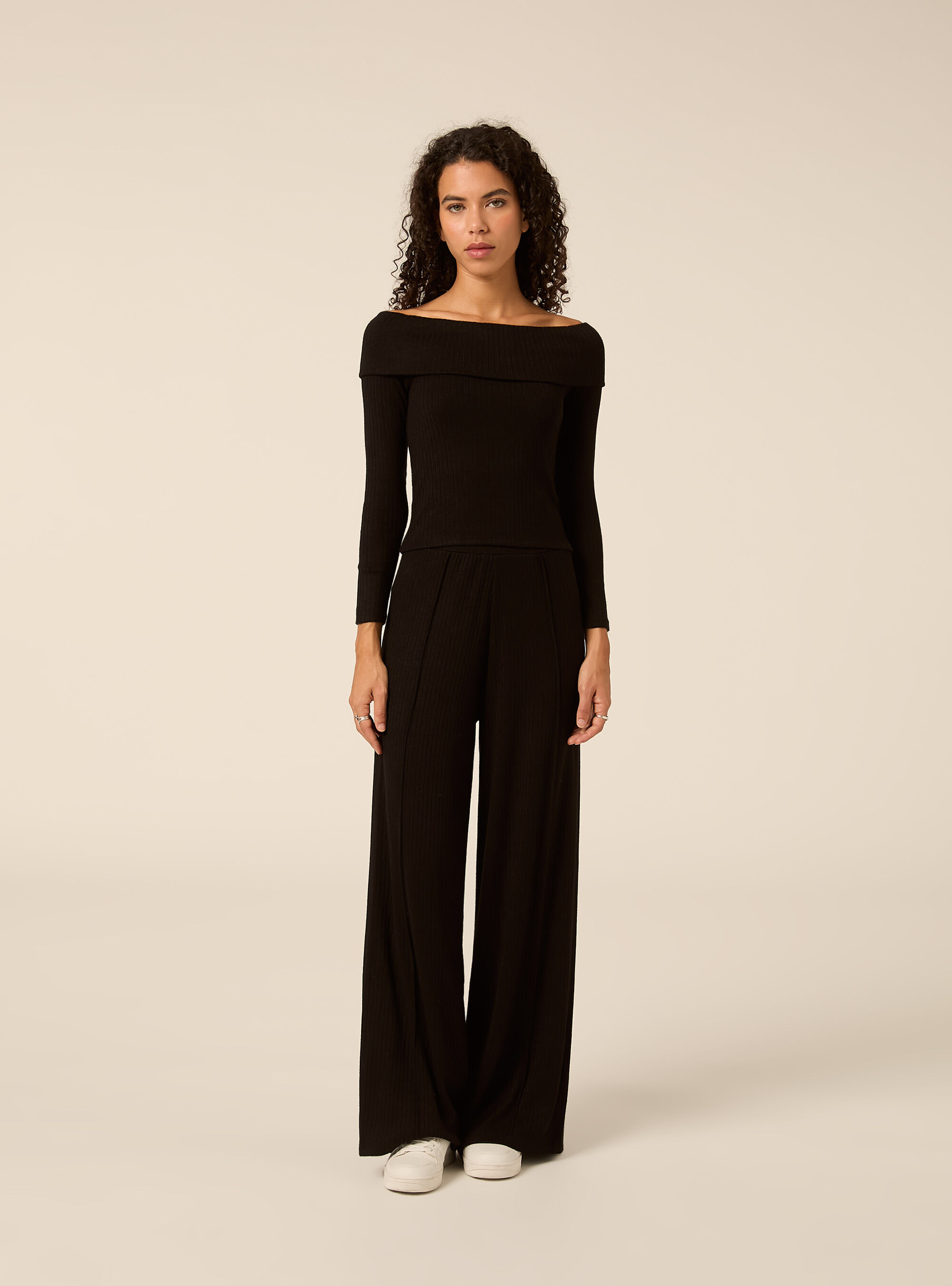 Pantaloni ampi a coste, BK1 BLACK
