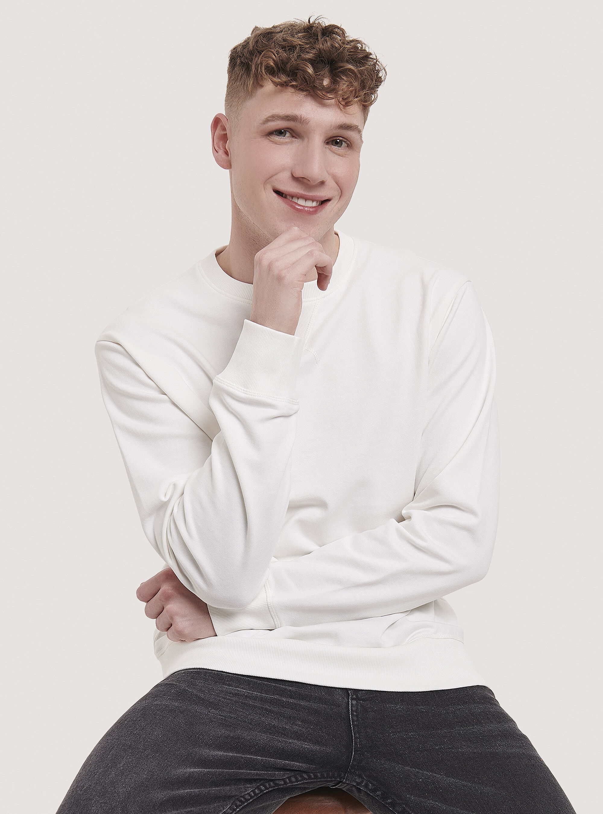 Sweat-shirt basique en coton &agrave; col rond, C0020 OFF WHITE