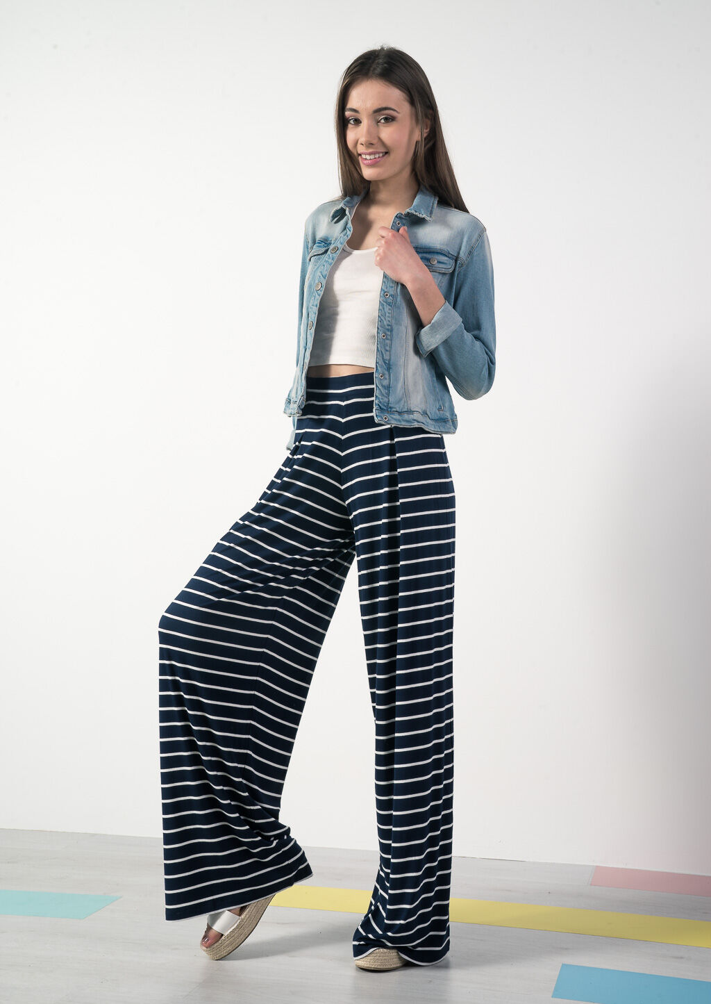 Pantaloni gamba ampia tessuto elasticizzato stampa a righe, AZUL MARINO