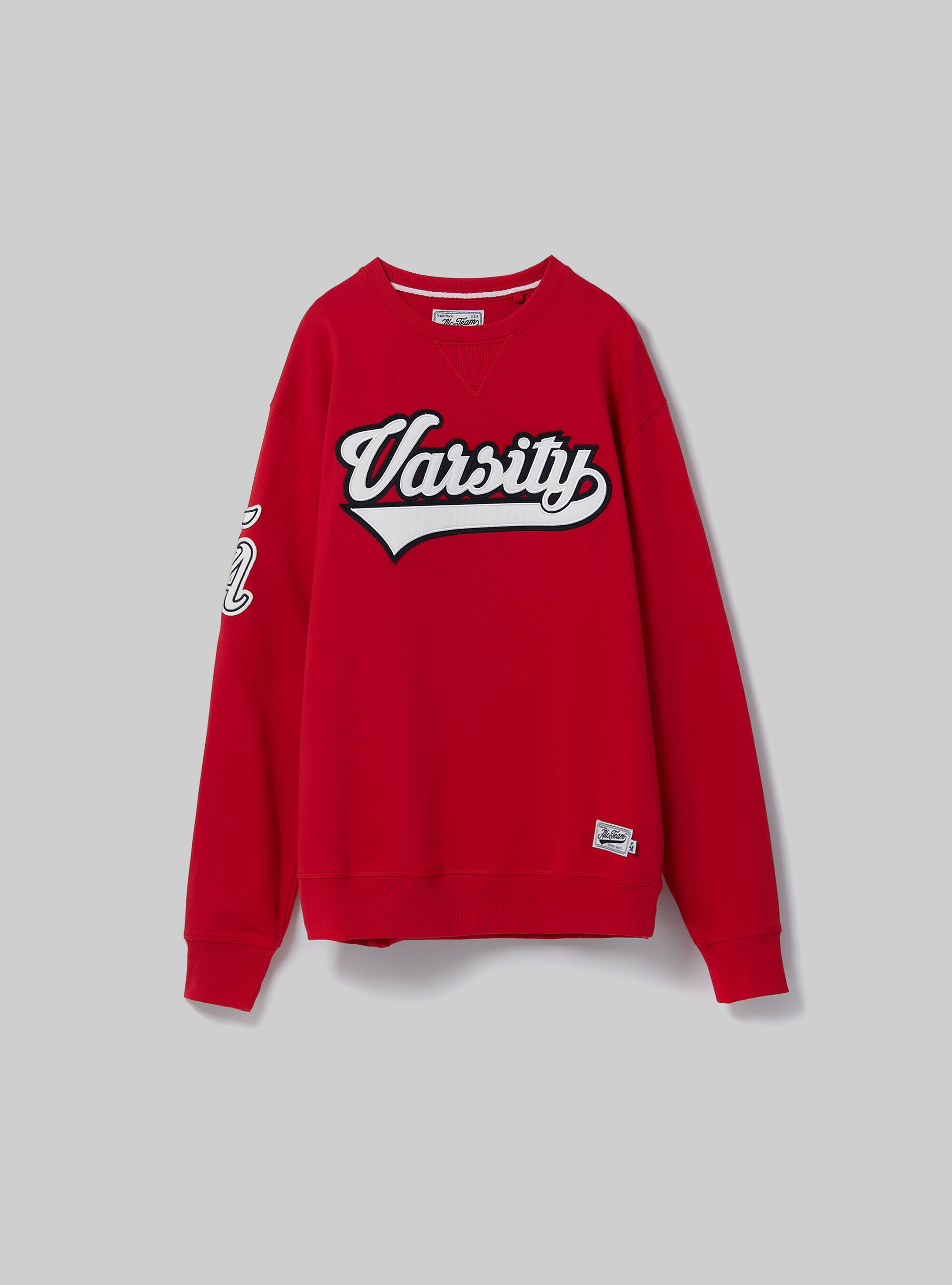 Round-neck college sweatshirt with cotton patch, C3376 RED