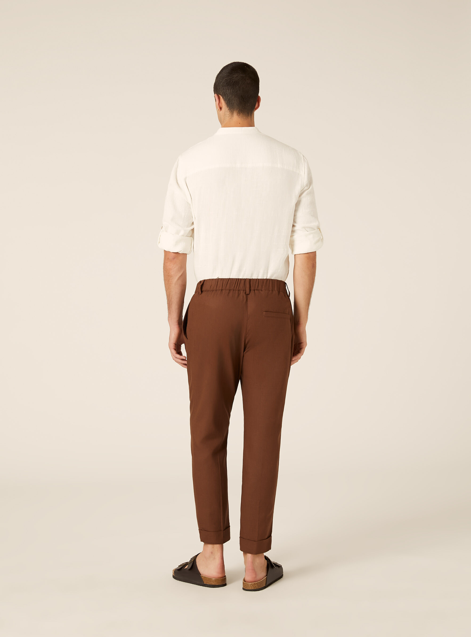 Pantaloni una pince misto lino, BR1 BROWN DARK