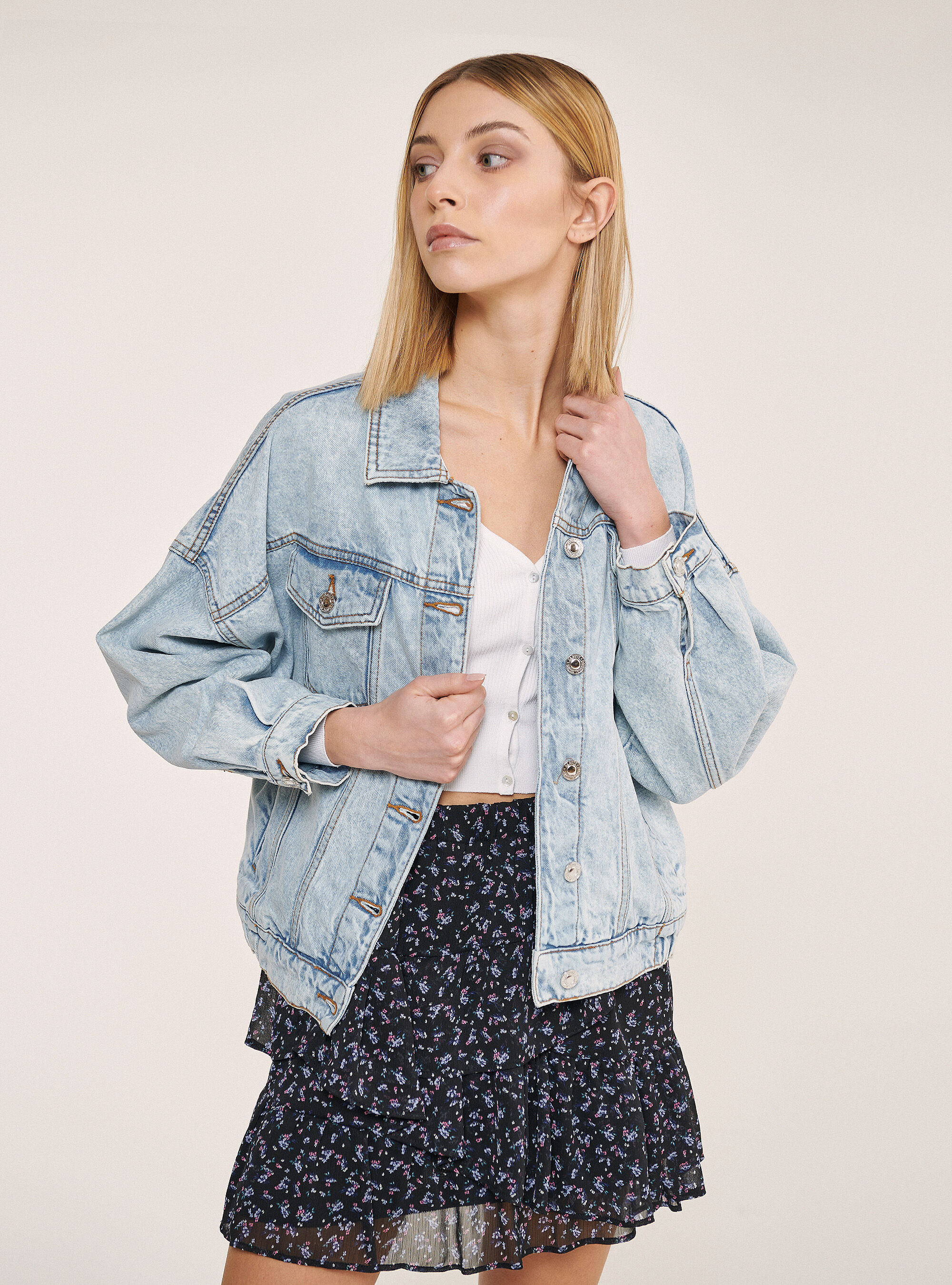 Veste en jean coupe oversize avec ceinture &eacute;lastique, C284 AZZURRE
