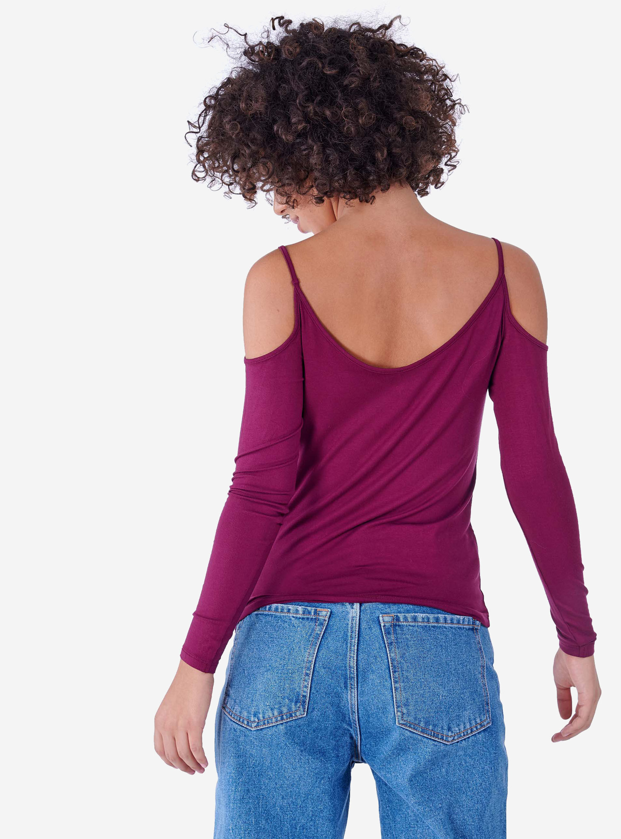 T-shirt &agrave; col en v et &eacute;paules nues, C081 BORDEAUX