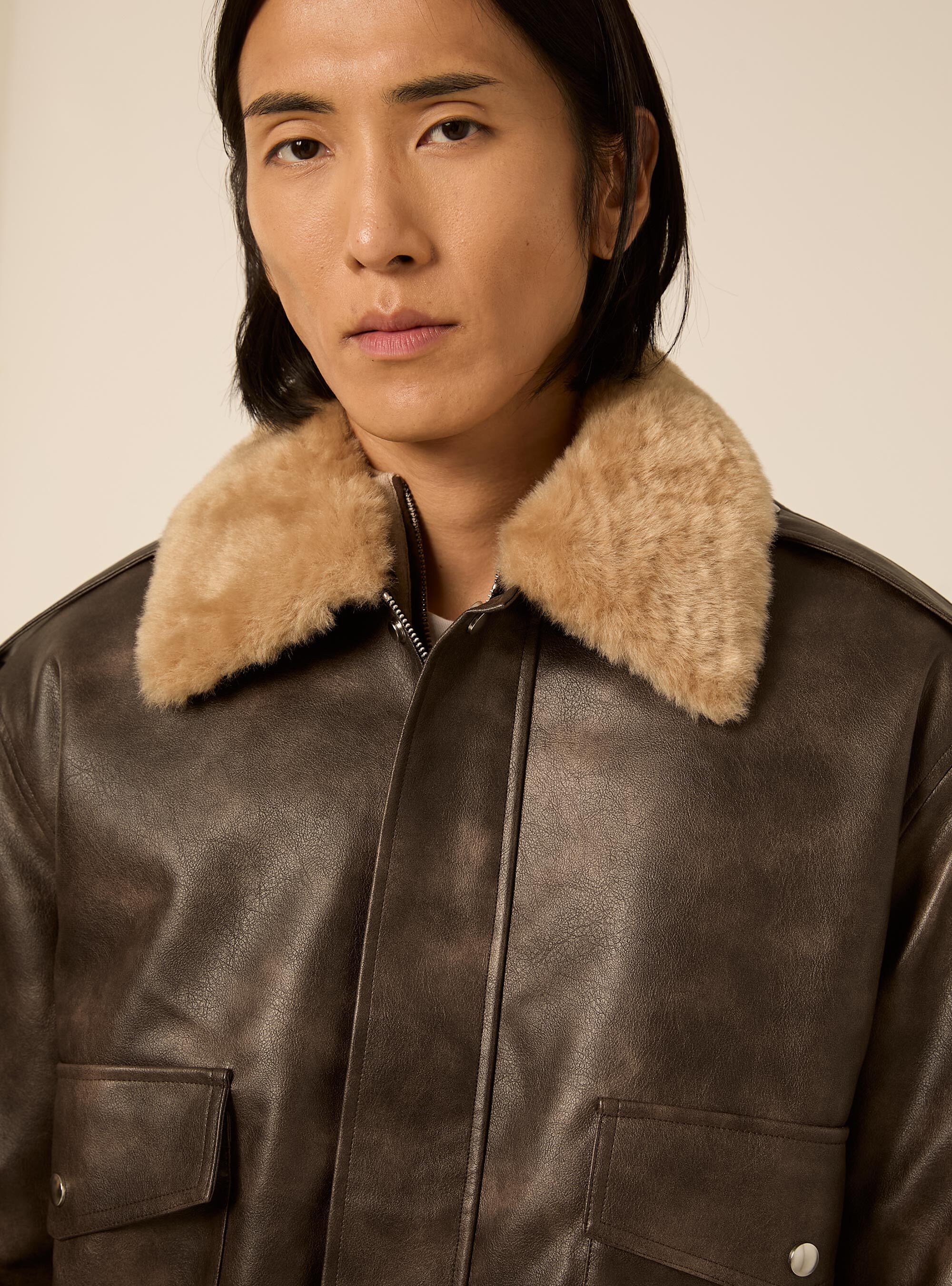 Bomber effetto pelle con collo in pelliccia, BR1 BROWN DARK
