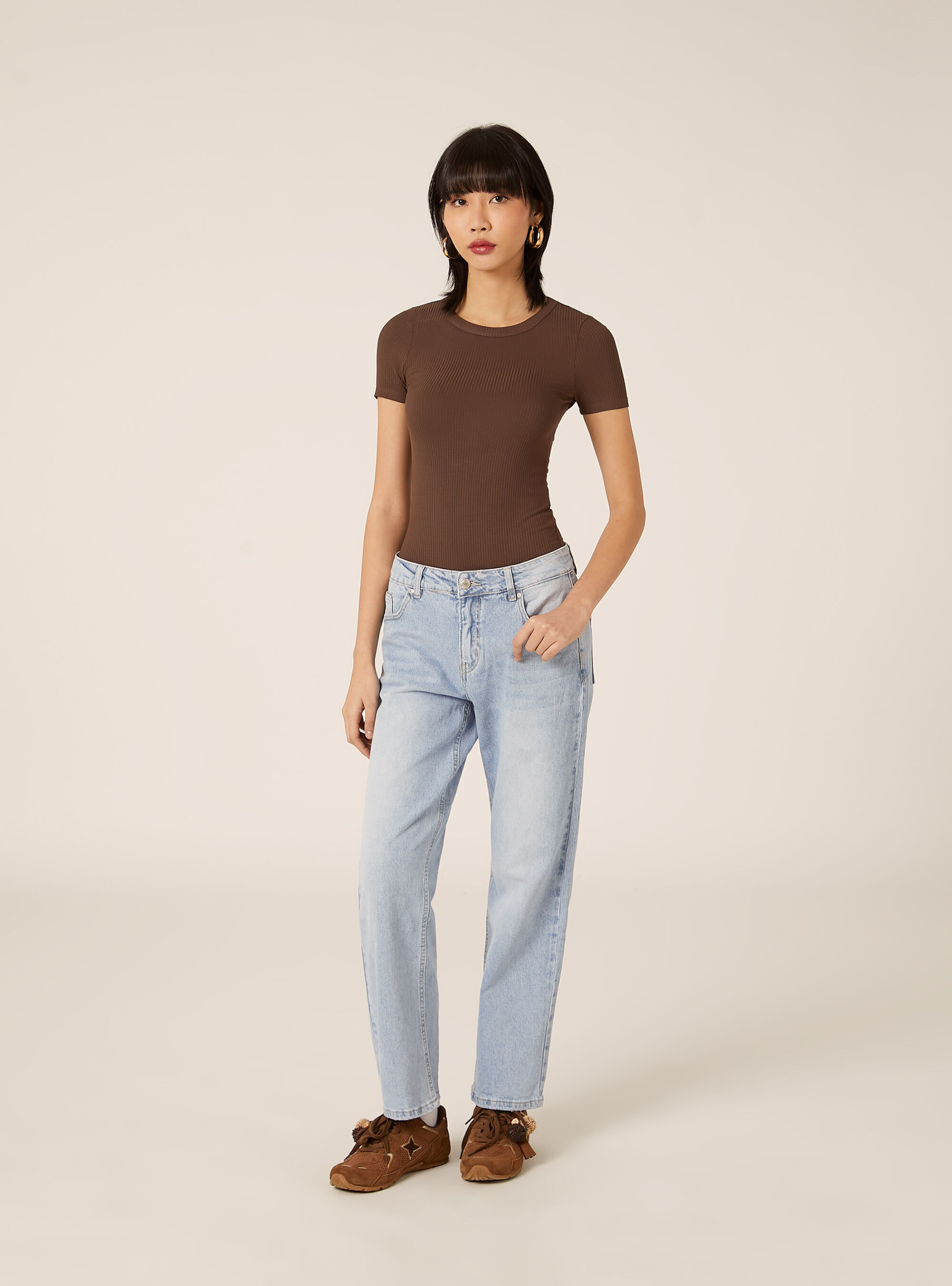 Body a coste maniche corte, BR2 BROWN MEDIUM