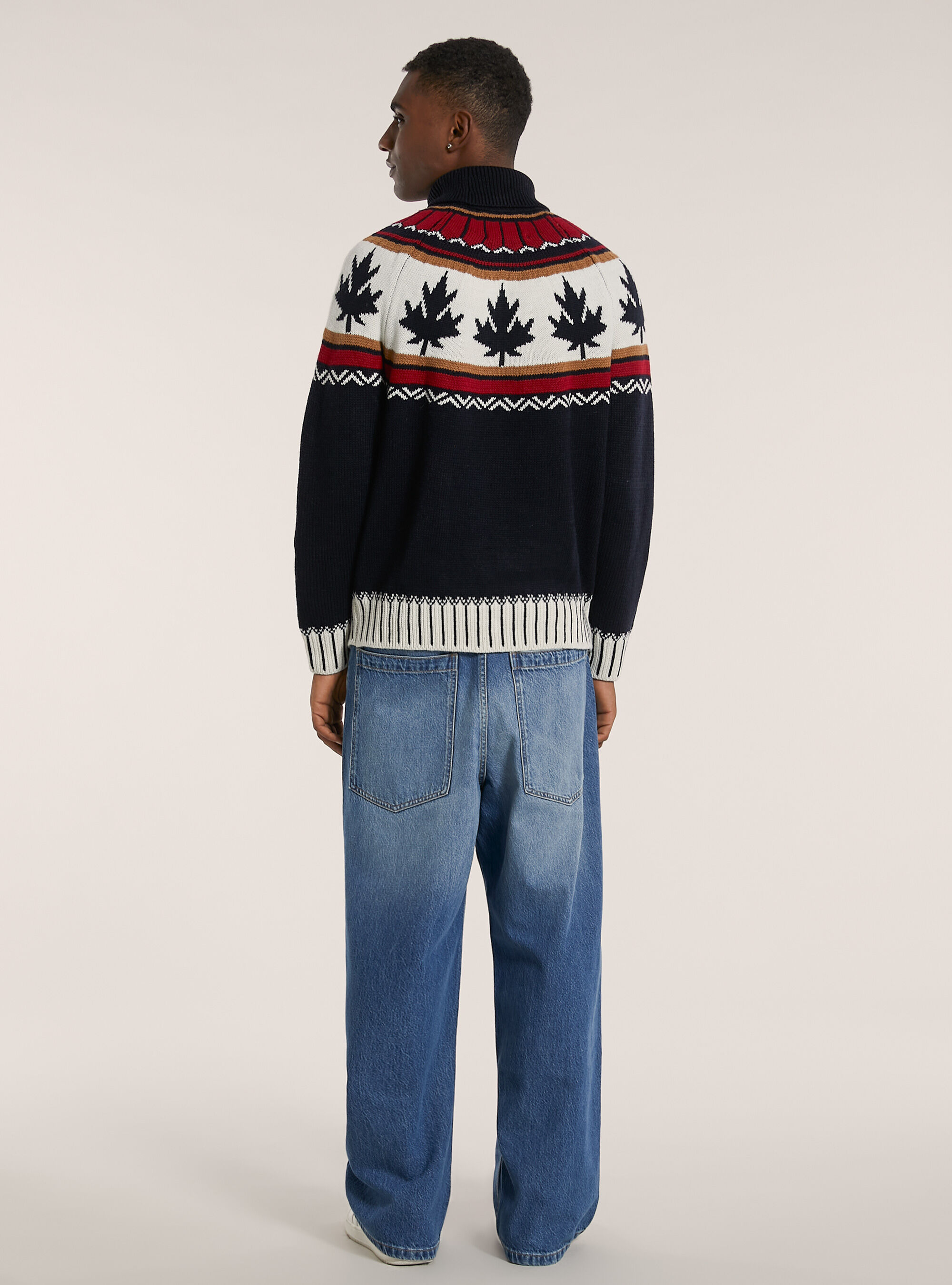 Jersey de cuello alto con motivo de la hoja de arce, AZUL MARINO