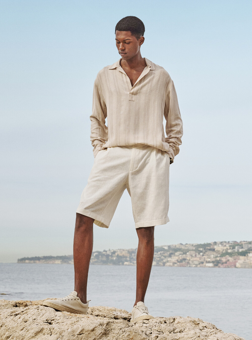 Bermuda Camicia Di Lino Spiaggia Camicia Manica Lunga In Misto