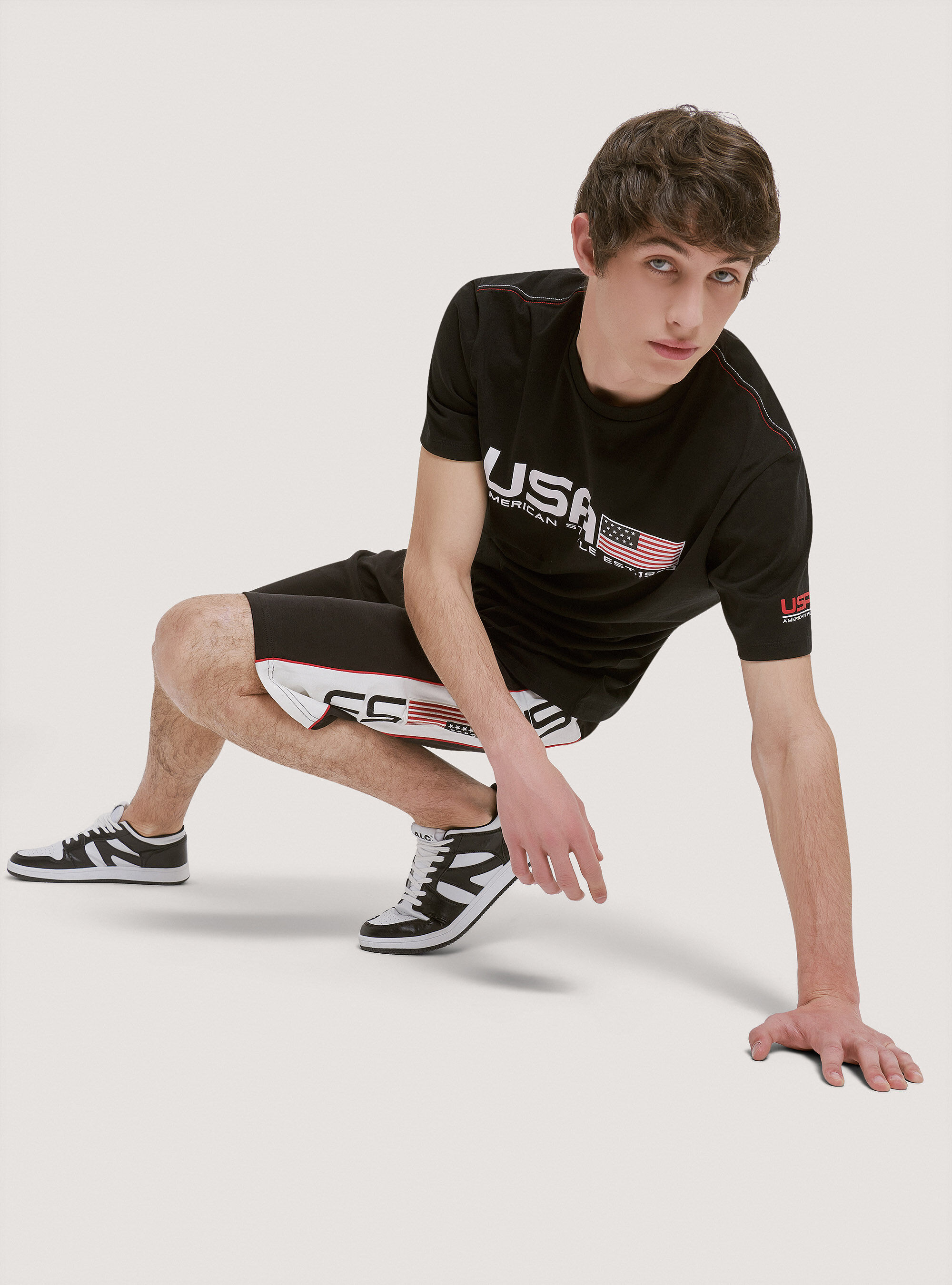 Maglietta in cotone con stampa USA, NERO