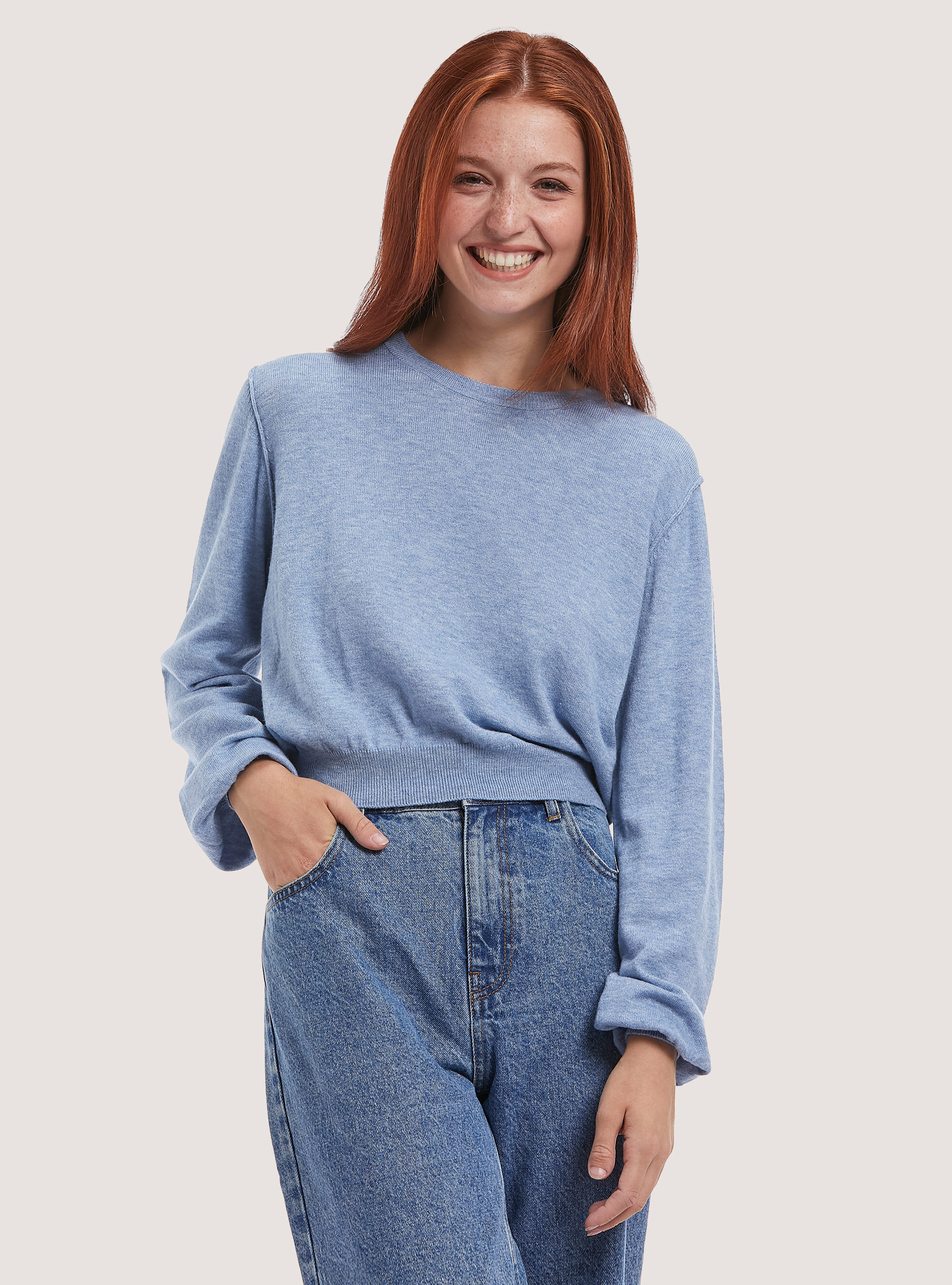 Pull court &agrave; manches bouffantes, C0301 AZZURRO MEL