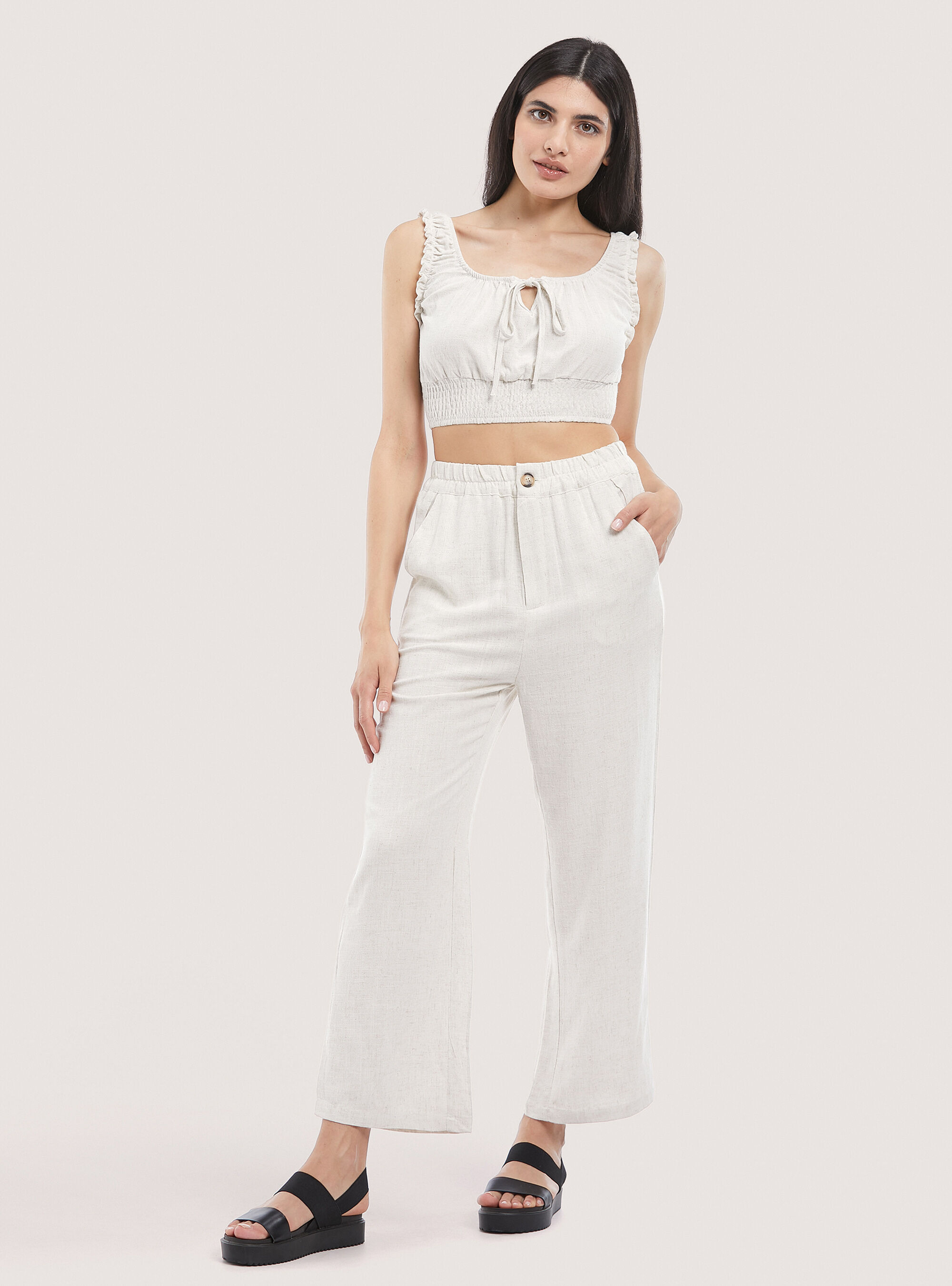 Linen blend cropped blouse, C0578 BEIGE