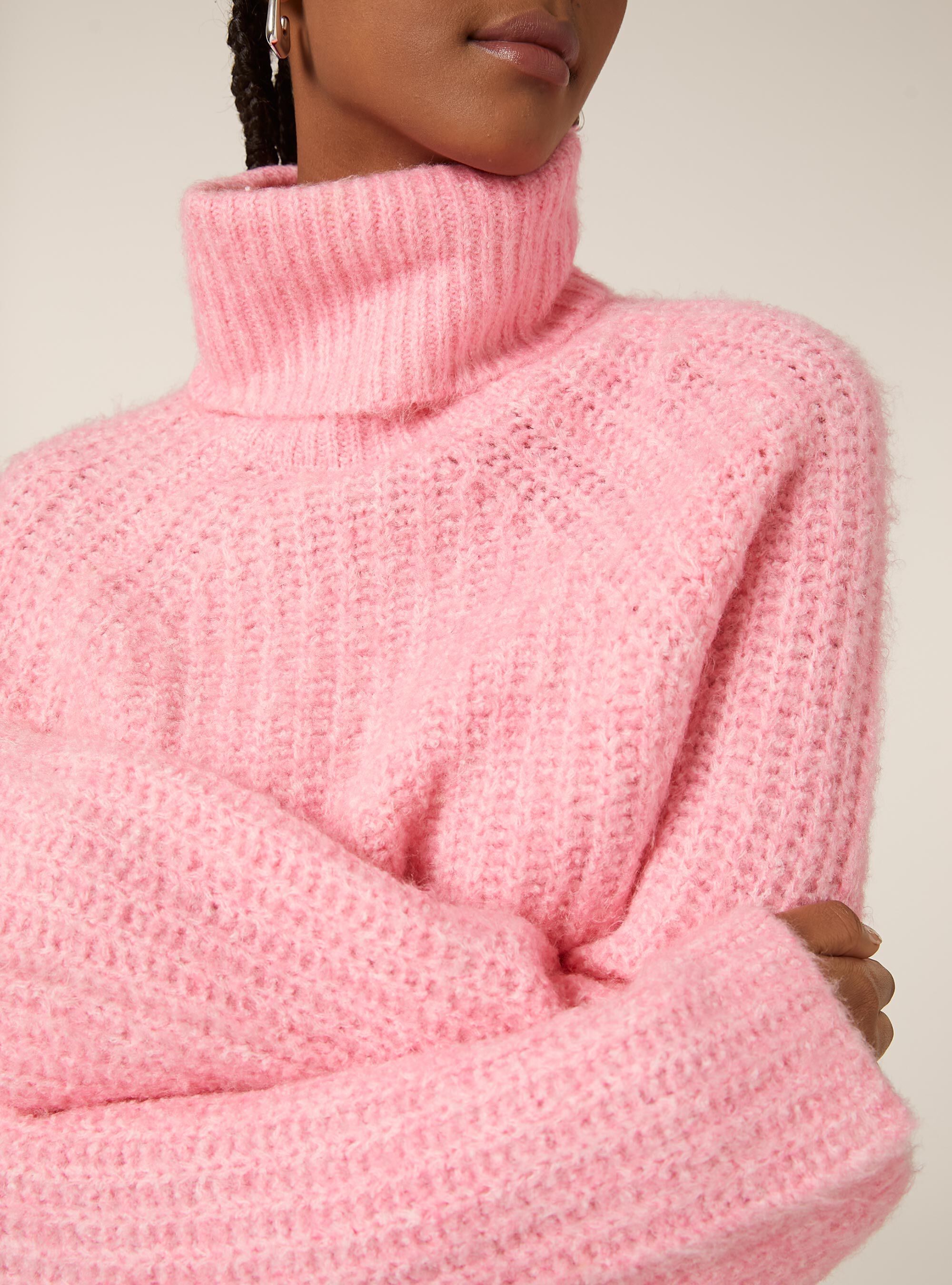 Pullover a costa inglese a collo alto, MPK2 PINK MEL MEDIUM