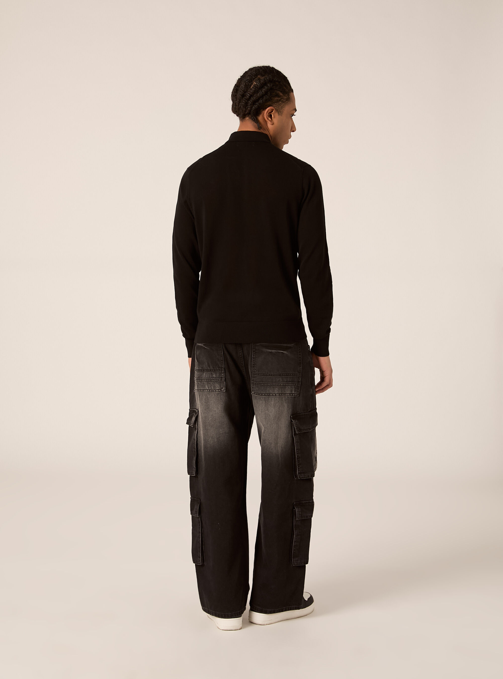 Polo &agrave; manches longues en coton, BK1 BLACK