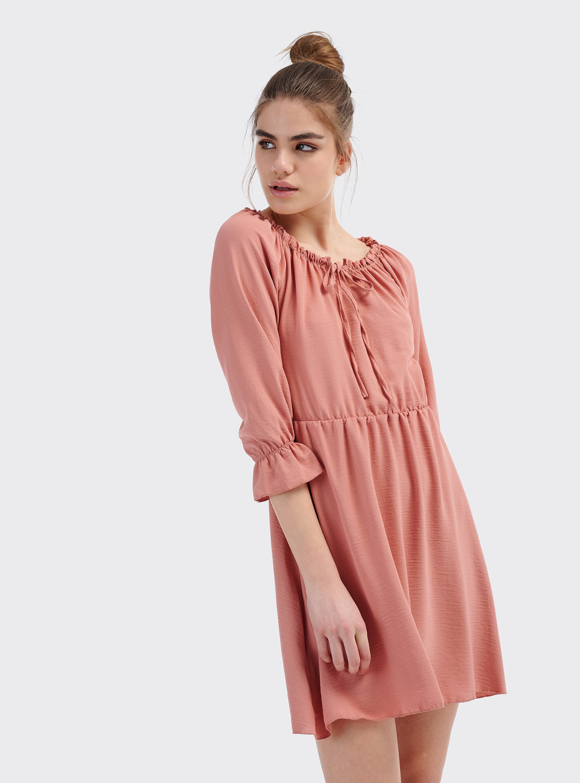 Kleid mit Bardot-Ausschnitt und elastischem Bund an der Taille, C501 PINK