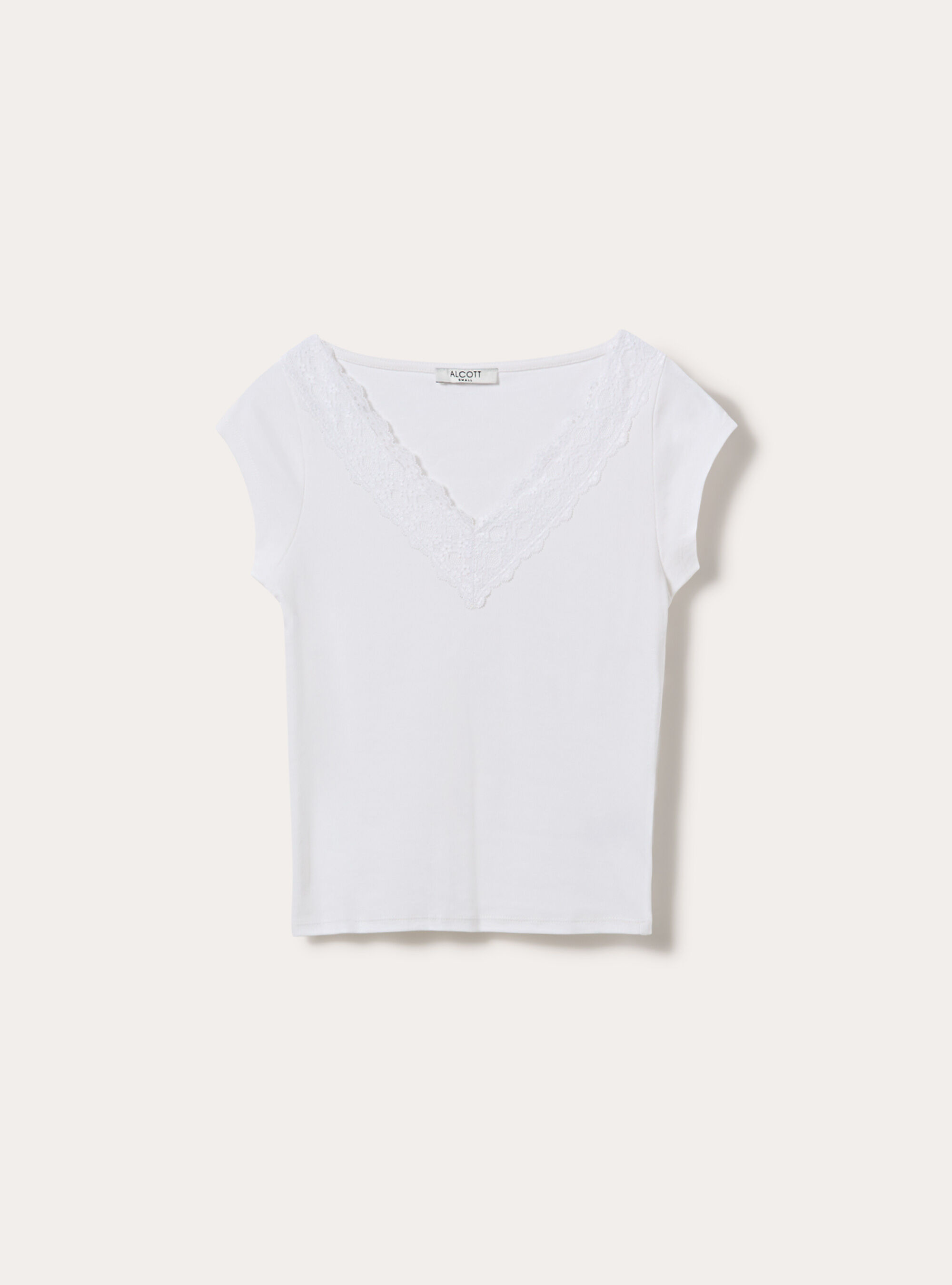 T-shirt con scollo a v in pizzo, WH3 WHITE