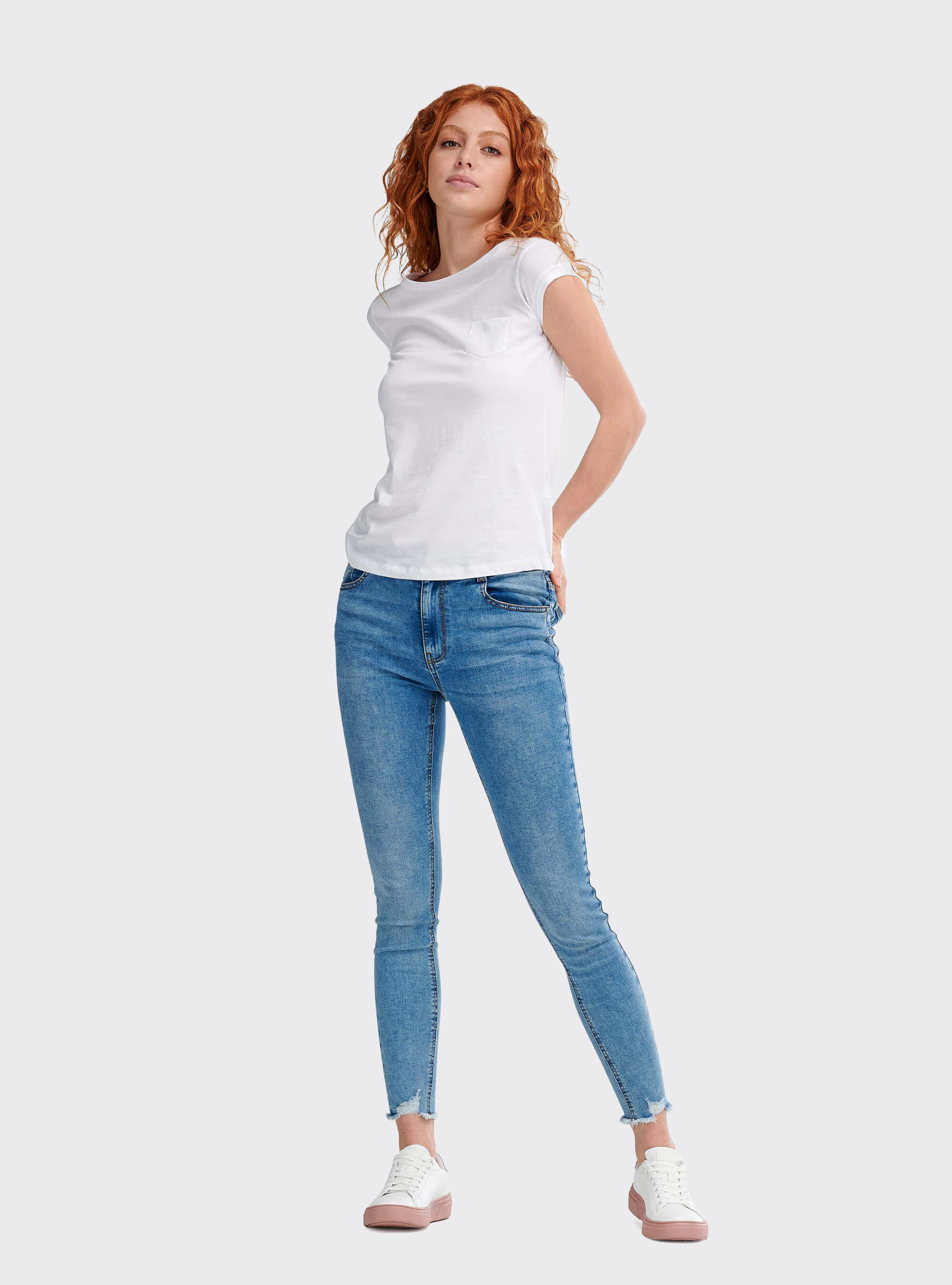 Jean stretch raccourci taille haute effiloch&eacute;, C272 BLUE