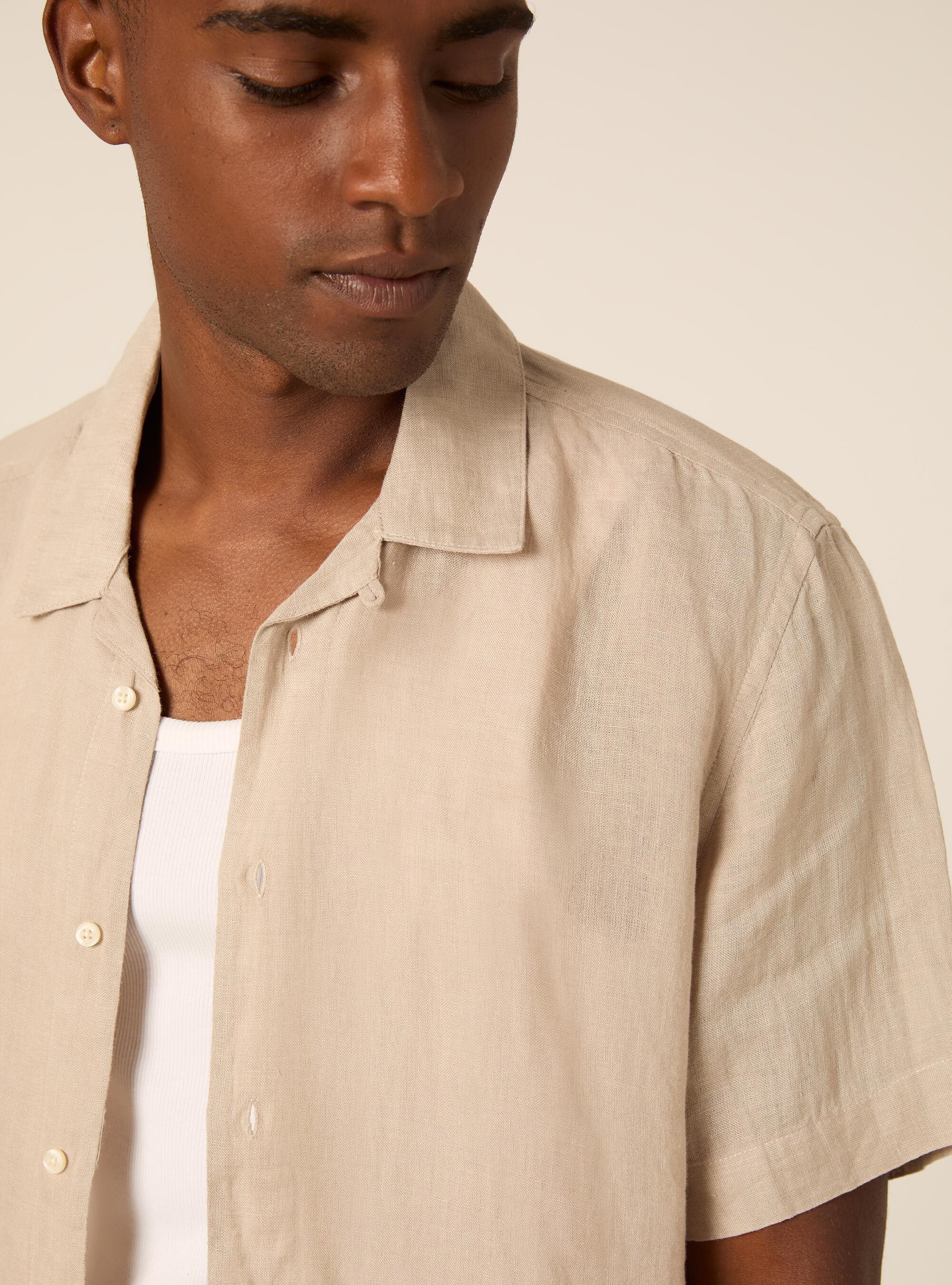 Camicia mezza manica in 100%lino collo bowling, MBG2 BEIGE MEL MED