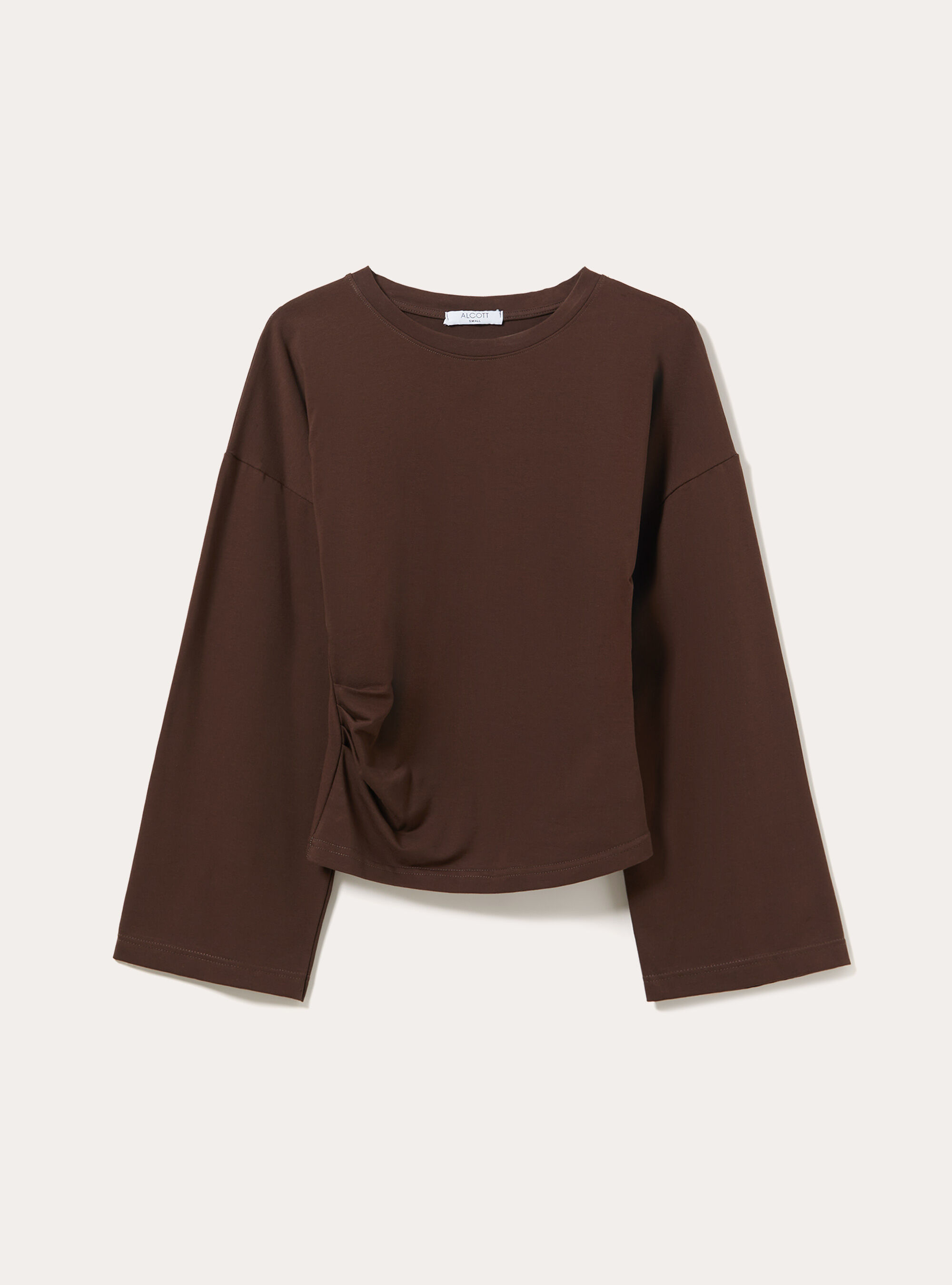 Flare sleeve top with side ruched detailing, BR1 BROWN DARK