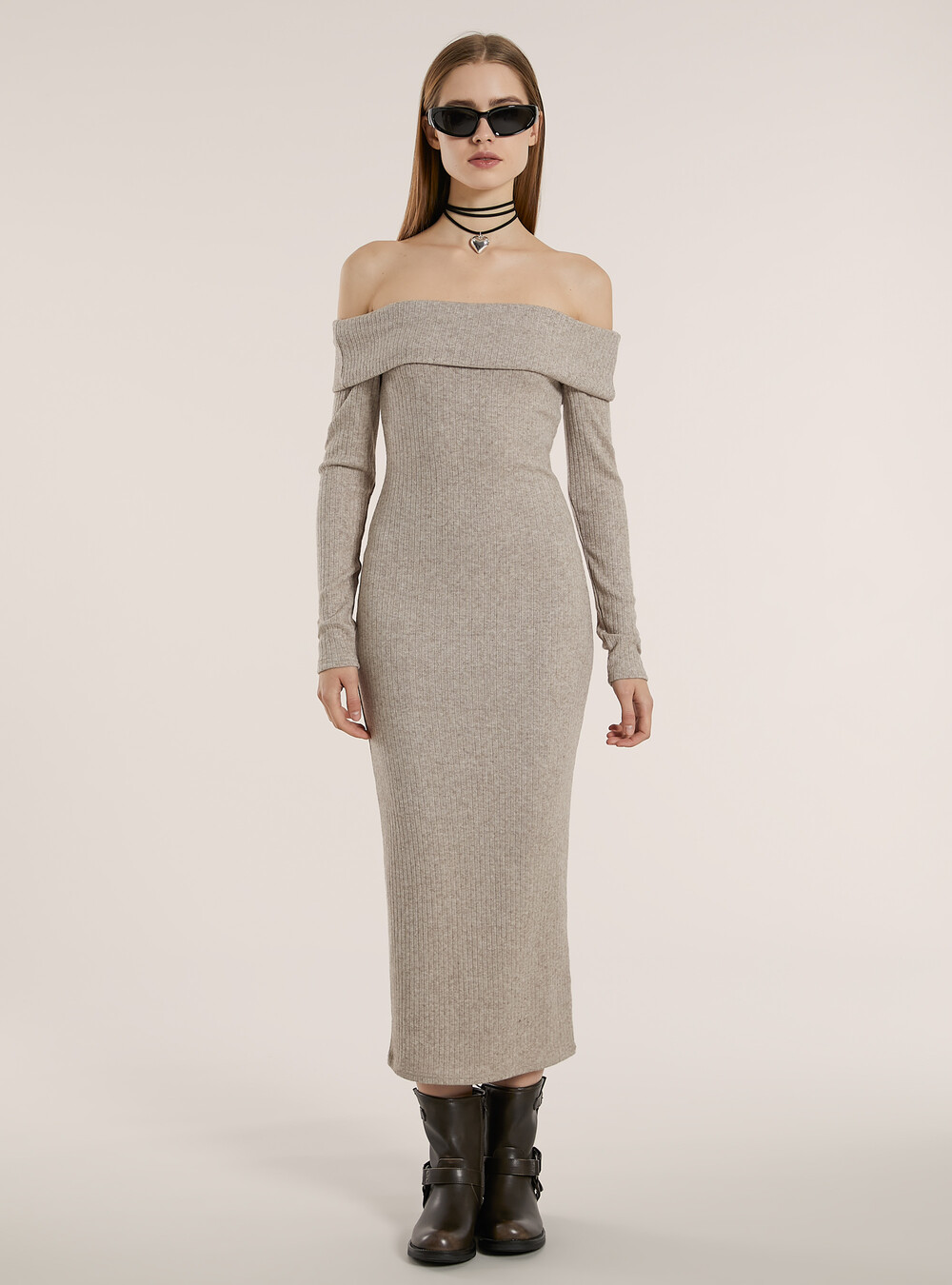 Long knit dress with Bardot neckline Long knit dress with Bardot neckline