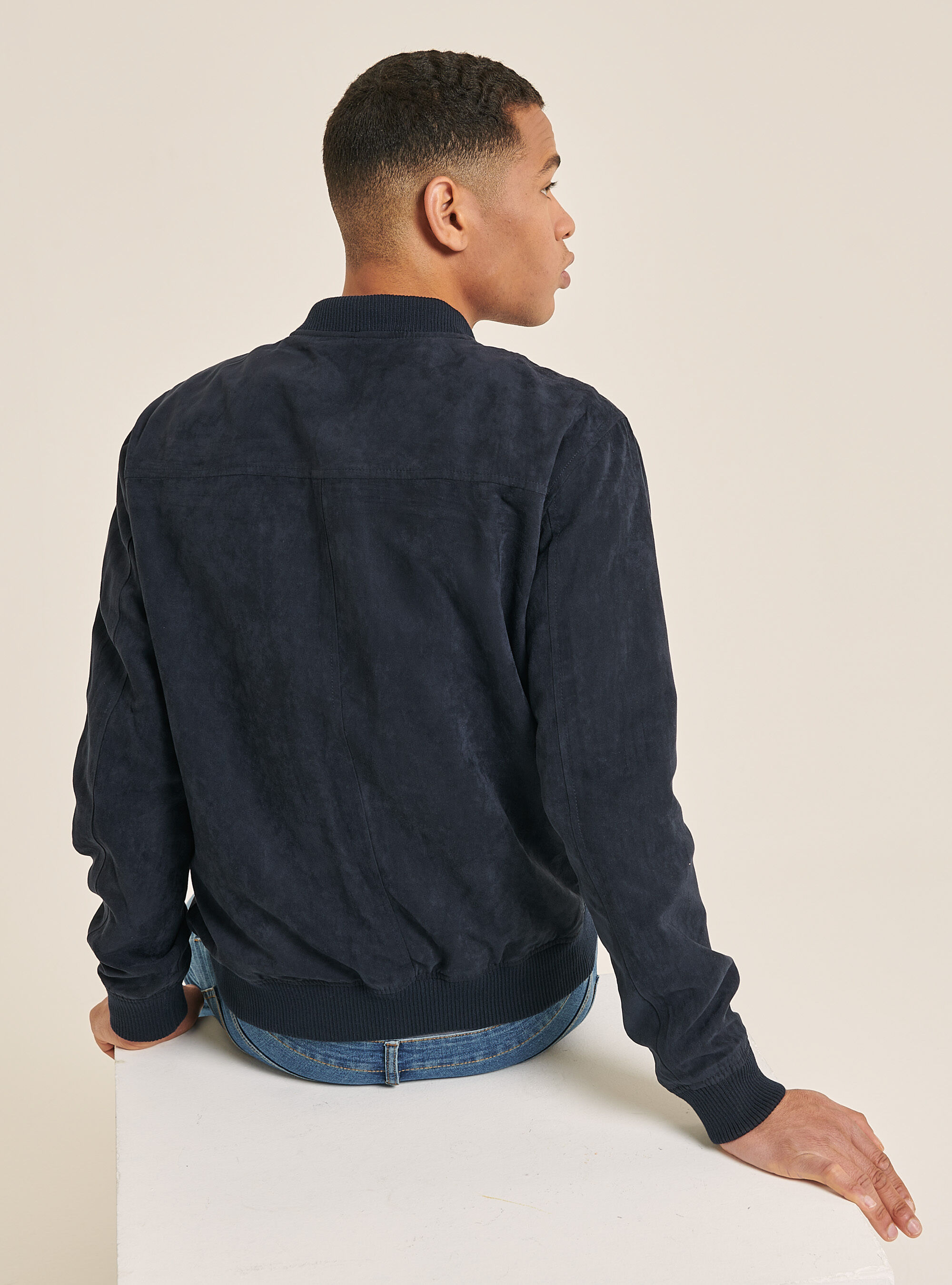 Blouson bomber effet faux daim, C204 BLU NAVY