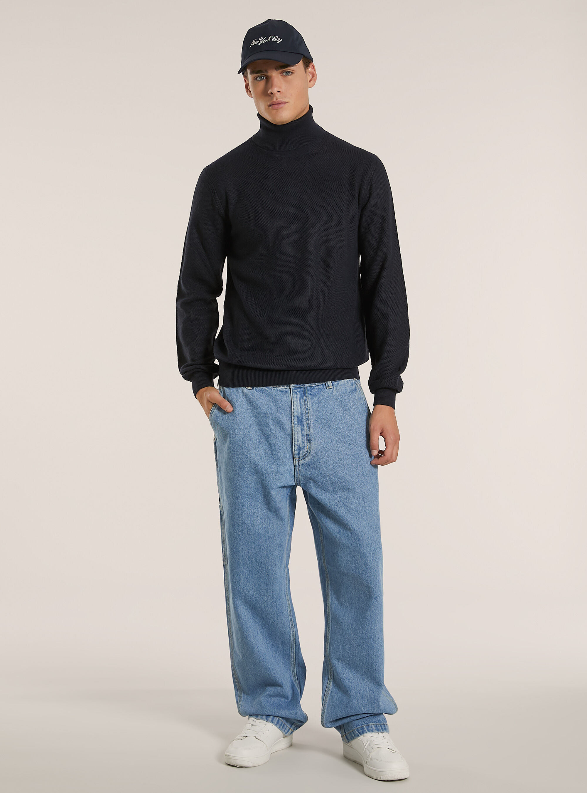 Jersey de cuello alto con textura de punto de arroz, AZUL MARINO