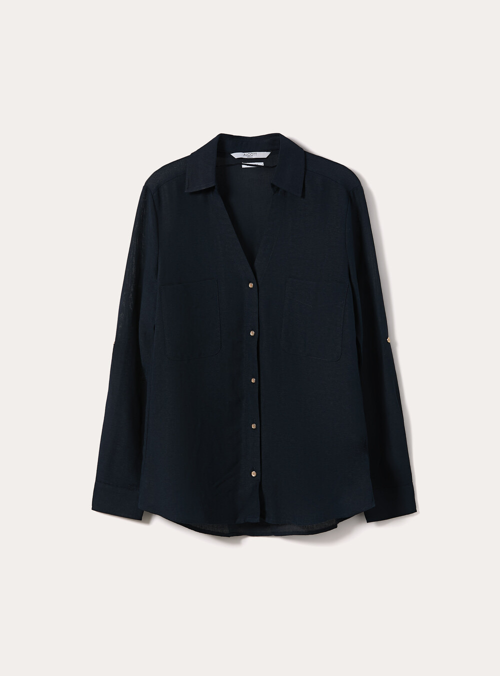 Linen-blend shirt with a V-neck, NA1 NAVY DARK