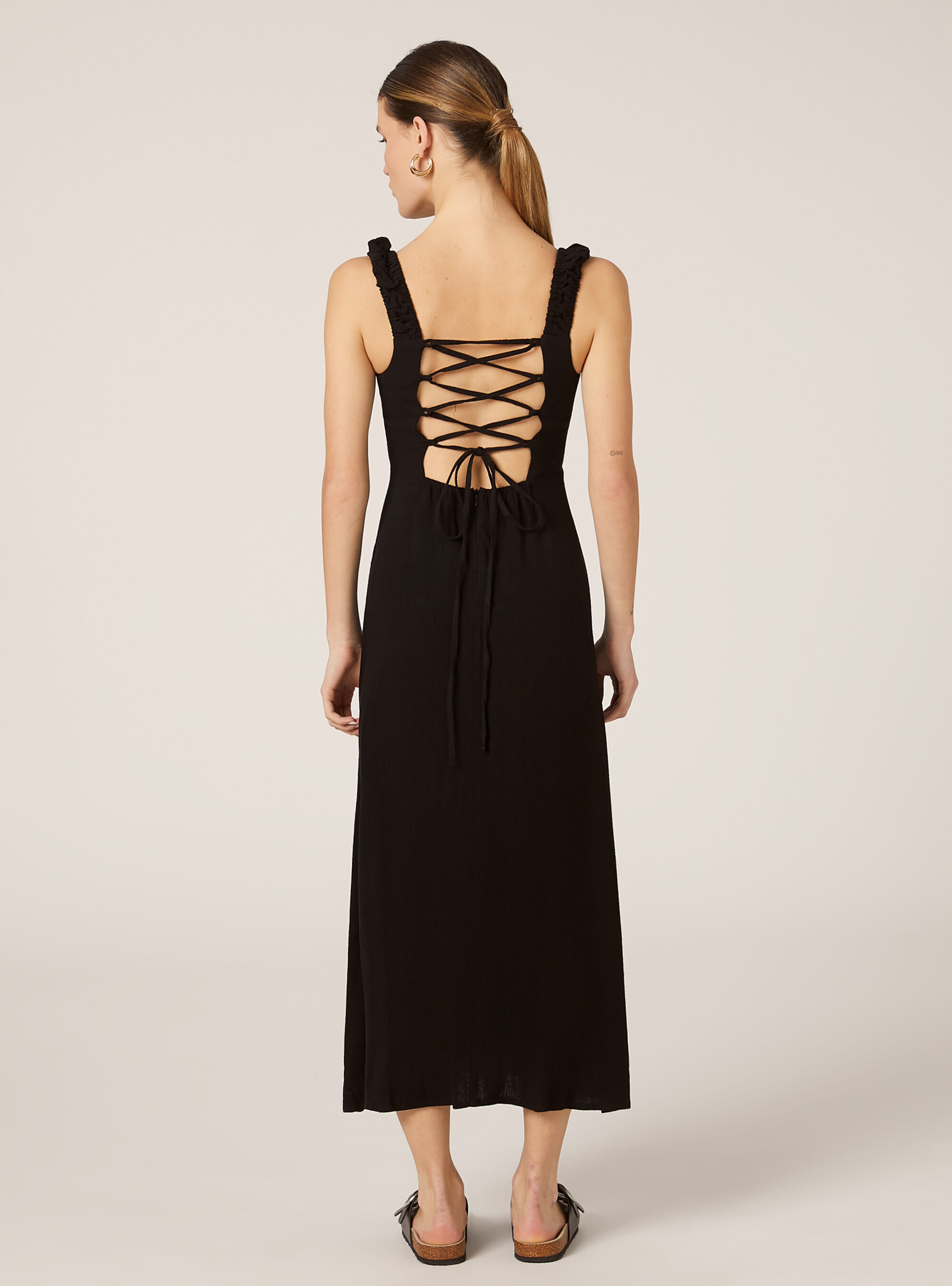 Linen-blend dress with open back, BK1 BLACK