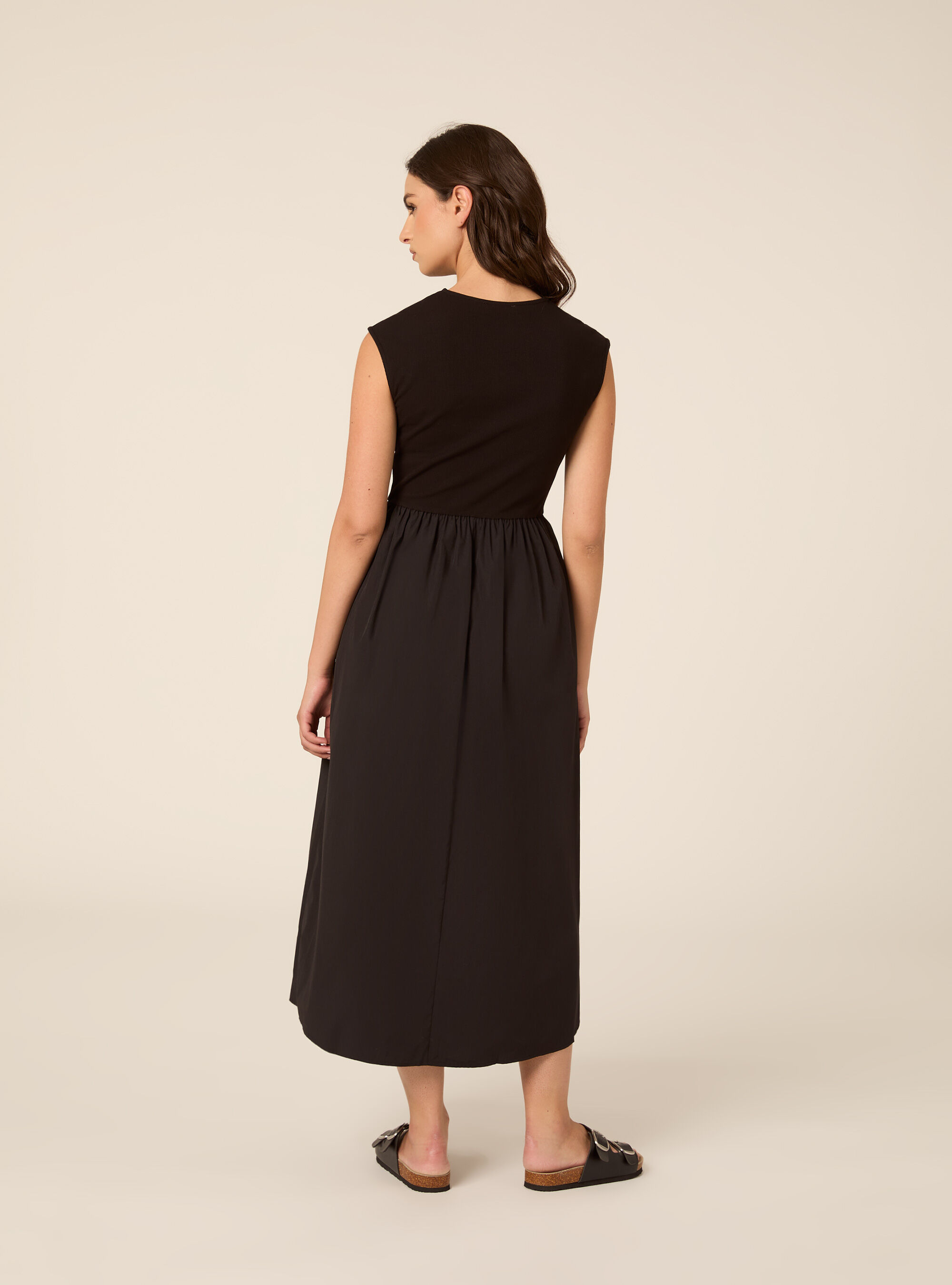 Robe Midi Bi-Mati&egrave;re Sans Manches &agrave; Rayures, BK1 BLACK